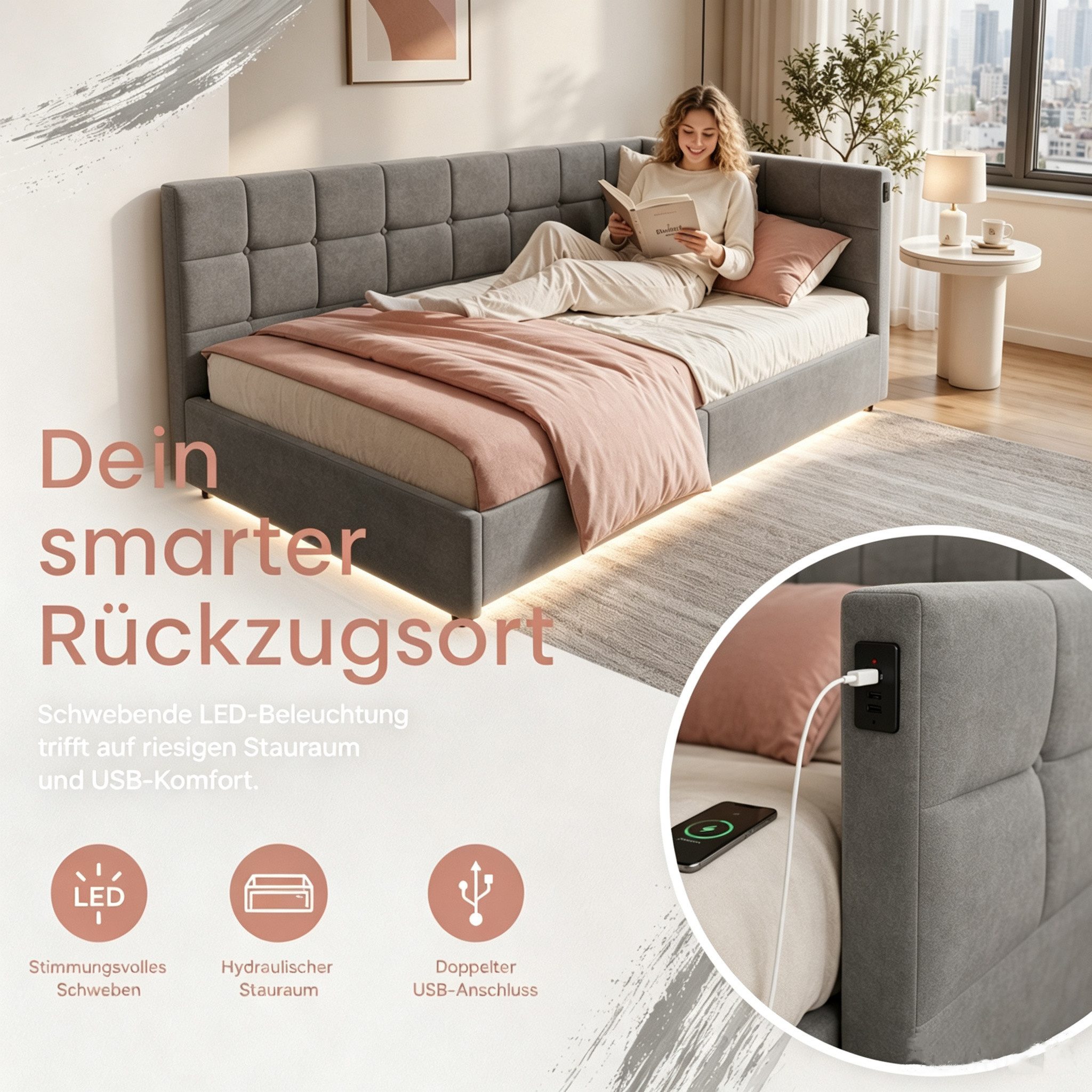 Simurq Daybed Tagesbett 90x200 mit Stauraum, Samtbett, Polsterbett, Gästebett, mit LED & USB Port, L-Form, Mit Lattenrost, Wohnliches Design