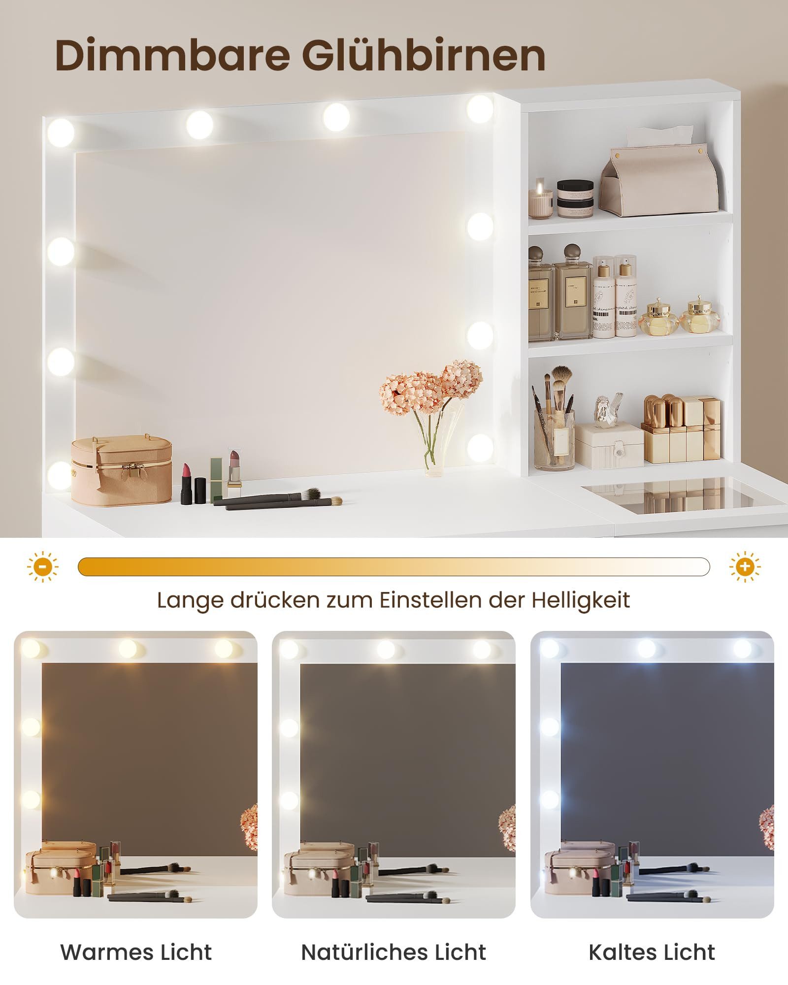 MSMASK Schminktisch Kosmetiktisch Frisiertisch mit 5 Schubladen und Beleuchtung, mit Schmucktablett und Steckdosen,Einstellbare Helligkeit, Weiß – Bild 5 von 5