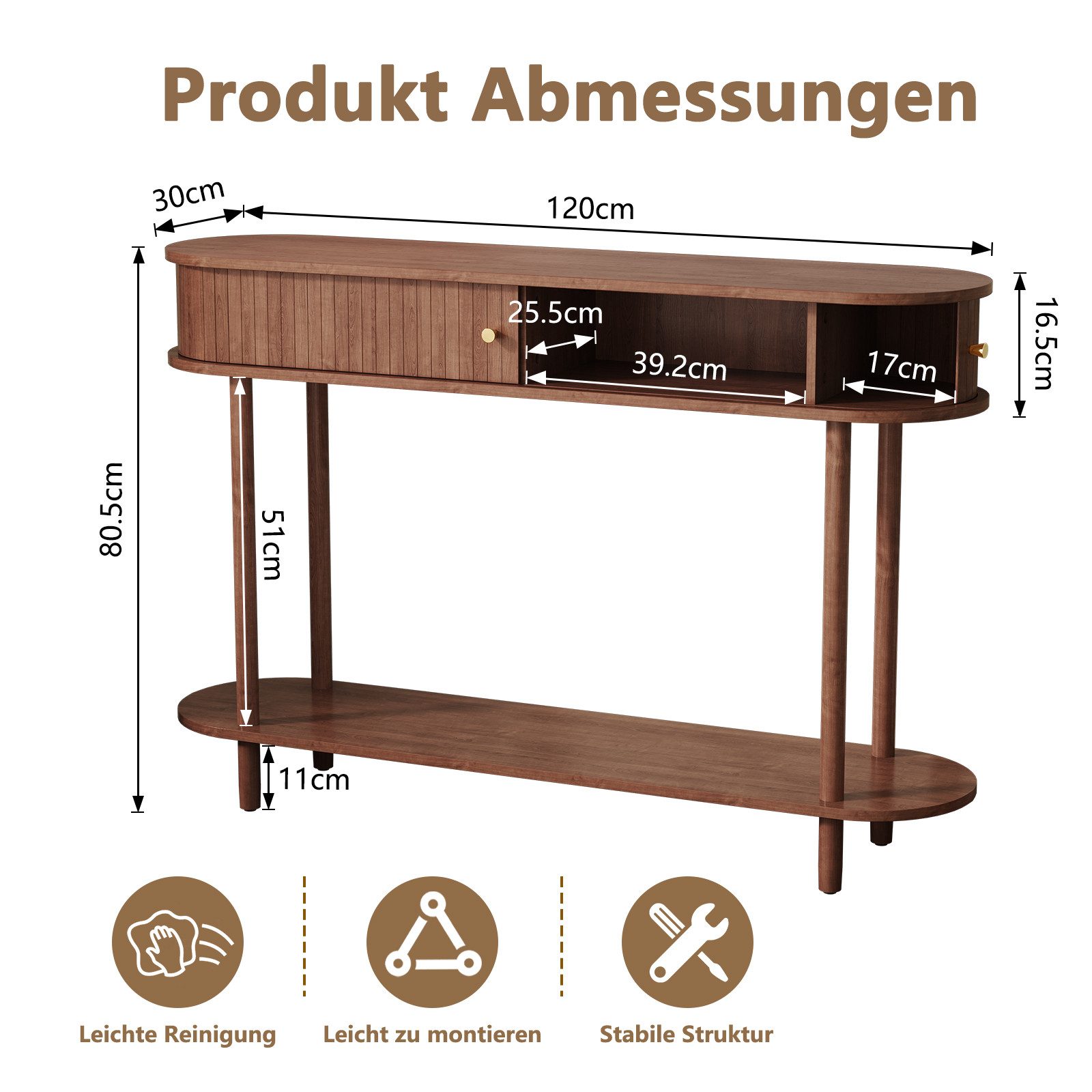 HOLTICO Konsolentisch mit Schiebetüren & Stauraumschrank, Schmaler Sofatisch, Eingangstisch (1-St), Sideboard-Tisch für Wohnzimmer, Flur, Schlafzimmer