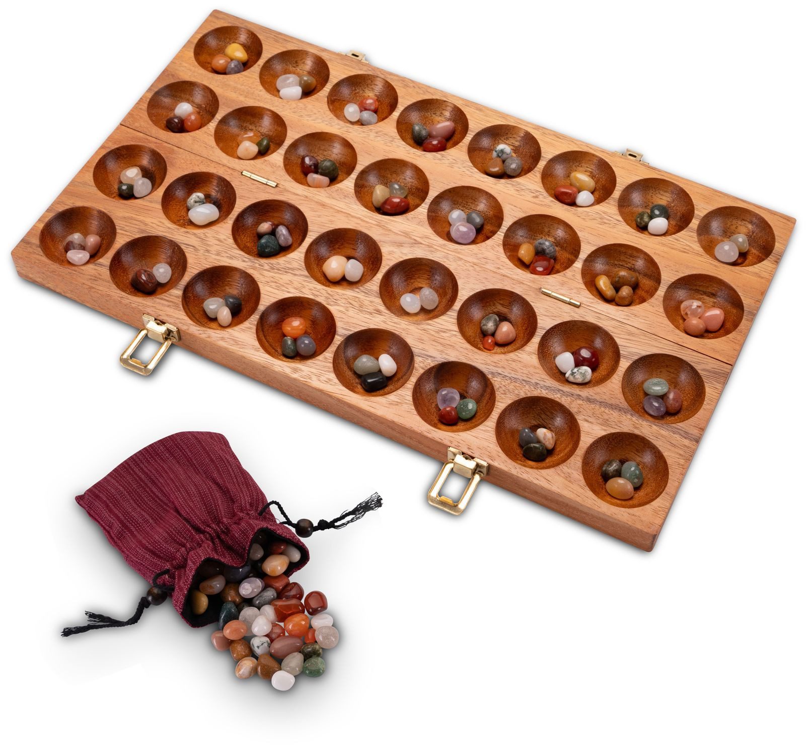 LOGOPLAY Spiel Hus Samena mit Metallverschlüssen Gold, Gesellschaftsspiel, Hus Spiel mit Metallverschlüssen Gold für 2 Spieler Bao Kalaha mit