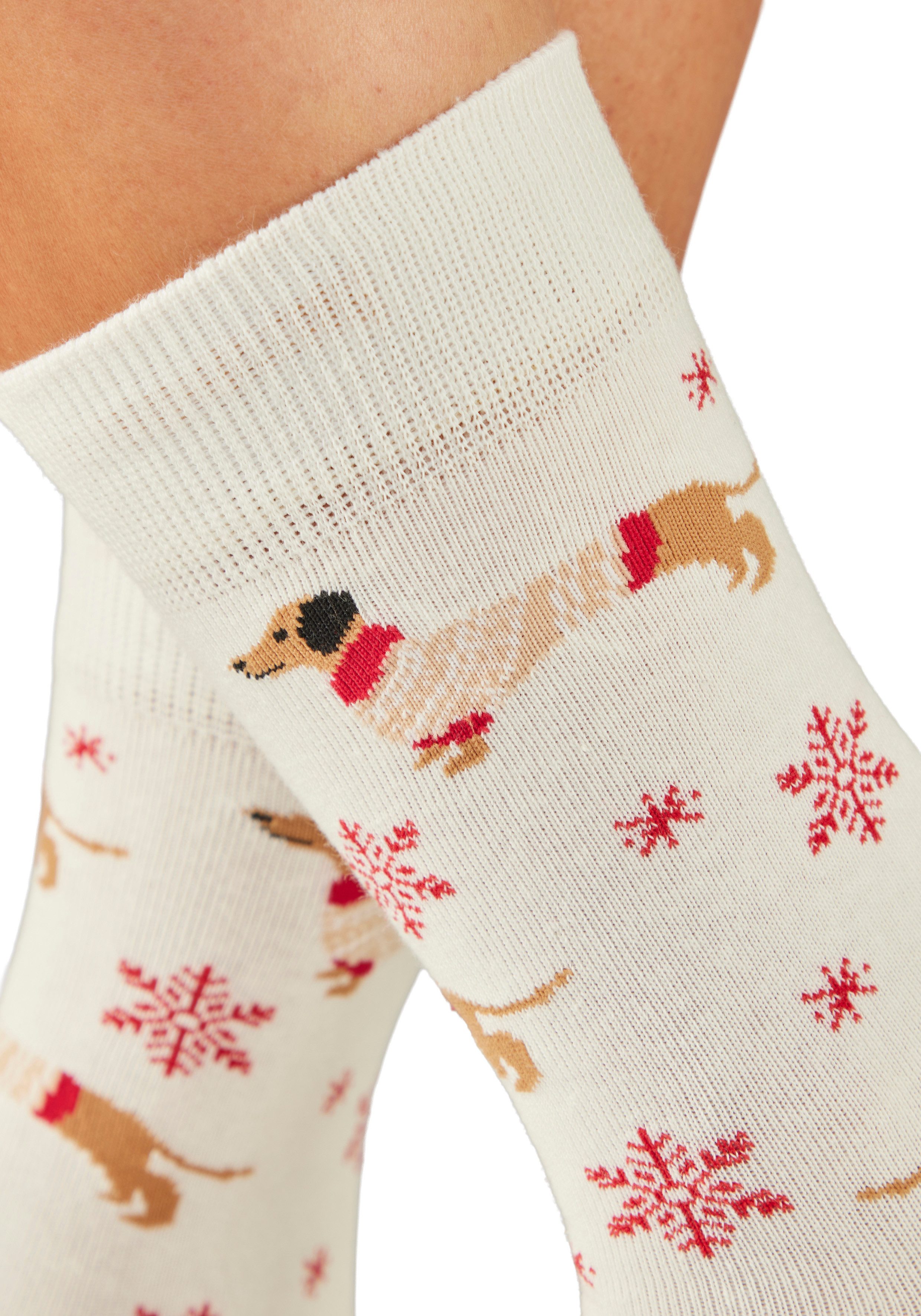 LASCANA Freizeitsocken Damen Weihnachtssocken Dackel (Packung, 2-Paar, Gr. 35-38 bis 39-42) mit festlichen Dackelmotiven – Bild 4 von 5