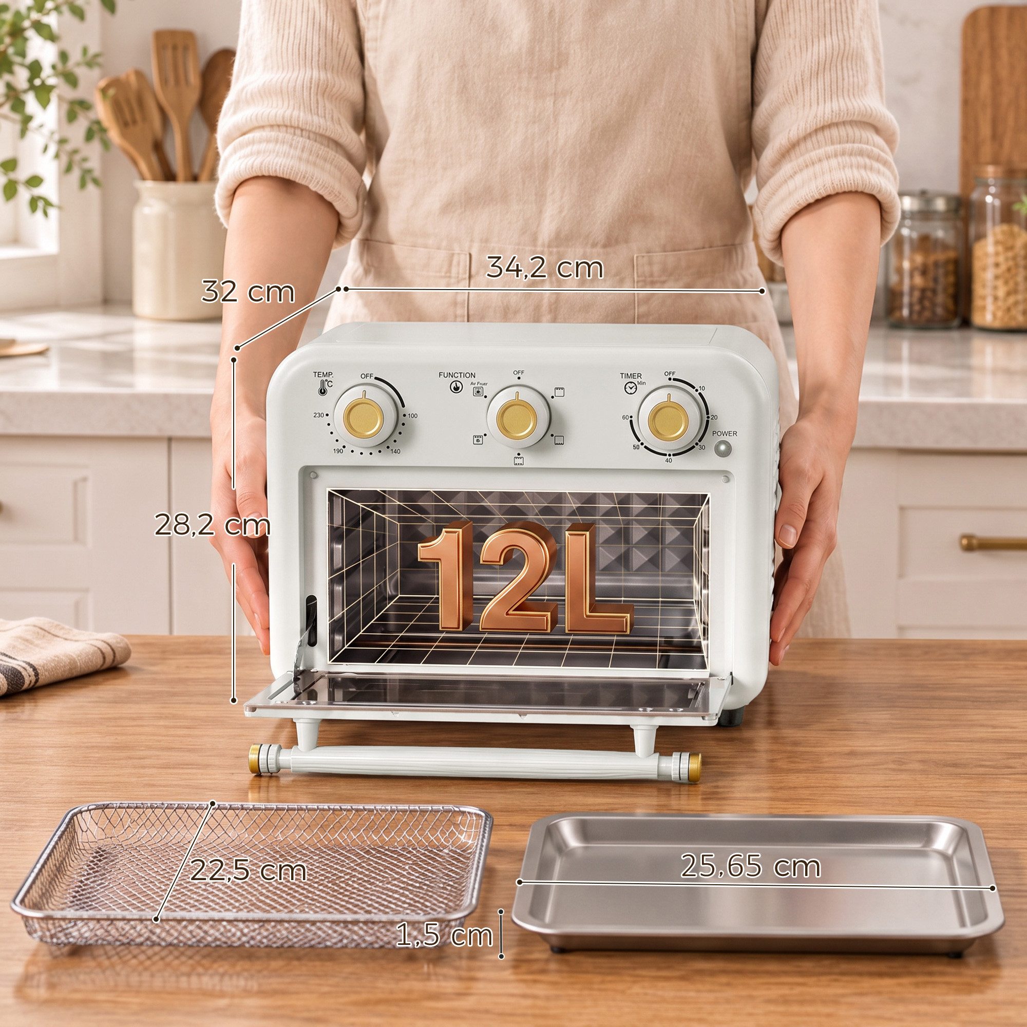 HOMCOM Minibackofen Heißluftfritteuse mit Backblech und Frittierkorb, 2-in-1 Airfryer-Backofen, 12 l, 1200 W