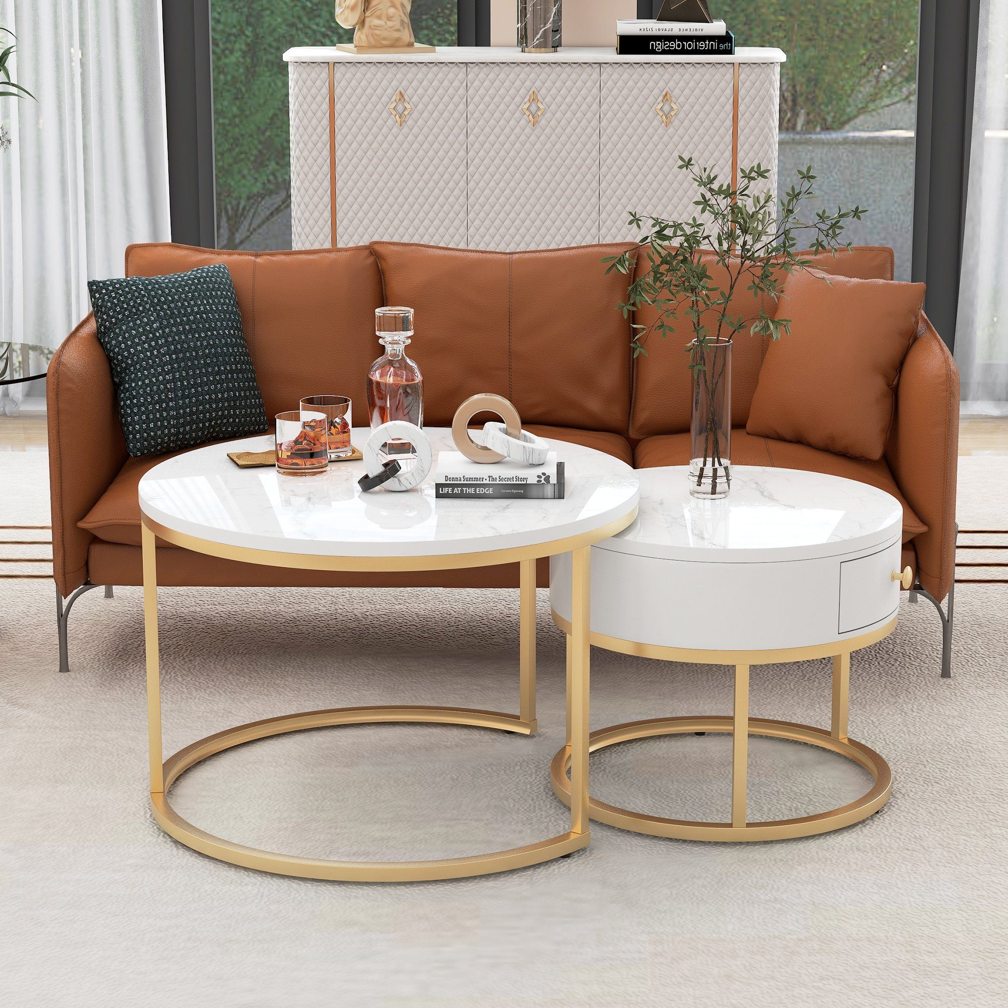 Couchtisch (2-St., Sofatische Satztische in hochglanz Marmoroptik), rund Beistelltisch ∅70x45cm ∅50x40cm, Gestell aus Metall