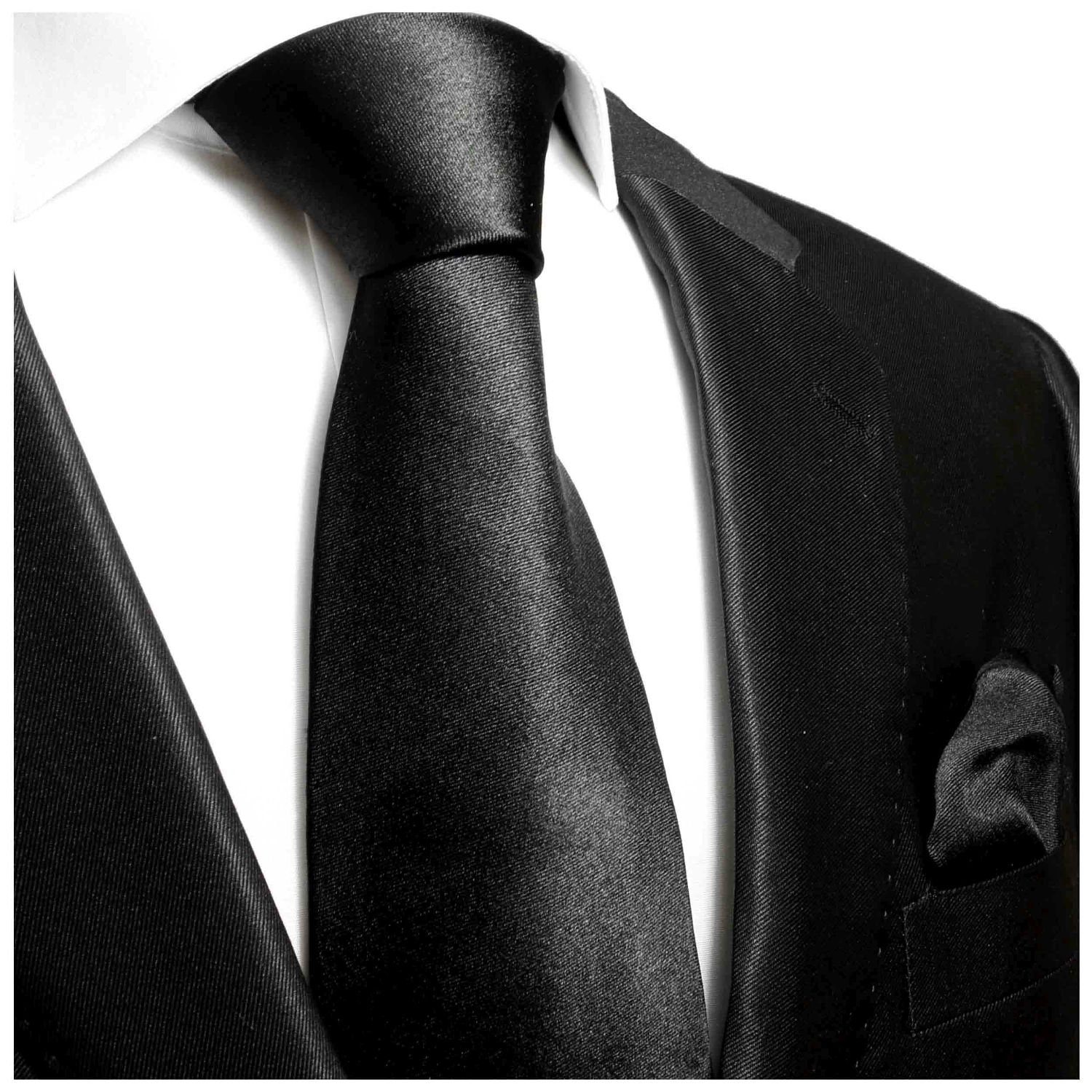 Paul Malone Seidenkrawatte Schlips Seide (6cm), satin schwarz Krawatte 100% 2-St., Einstecktuch) 952 Tuch (Set, uni mit Schmal mit Herren modern Krawatte