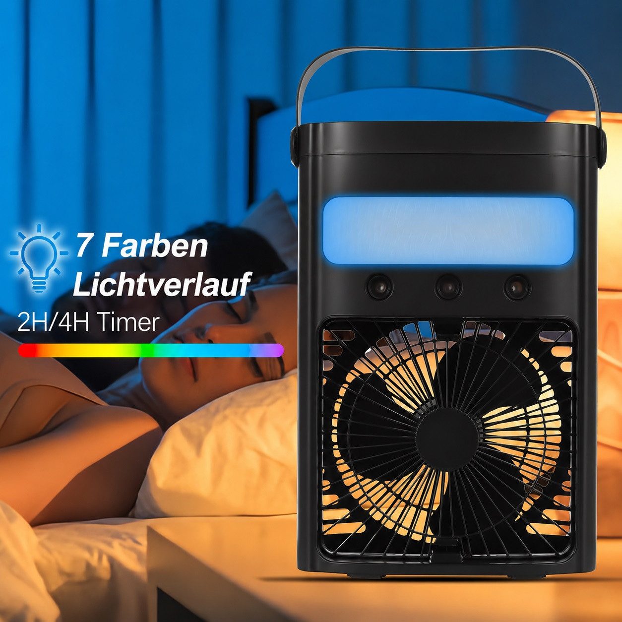 MOPUEA Ventilatorkombigerät Klimaanlage Mobil, Tragbarer Kühlventilator, 700 ml Luftkühler, mit 7-farbigem LED-Licht, 2/4 Stunden-Timer, 3 Windgeschwindigkeiten