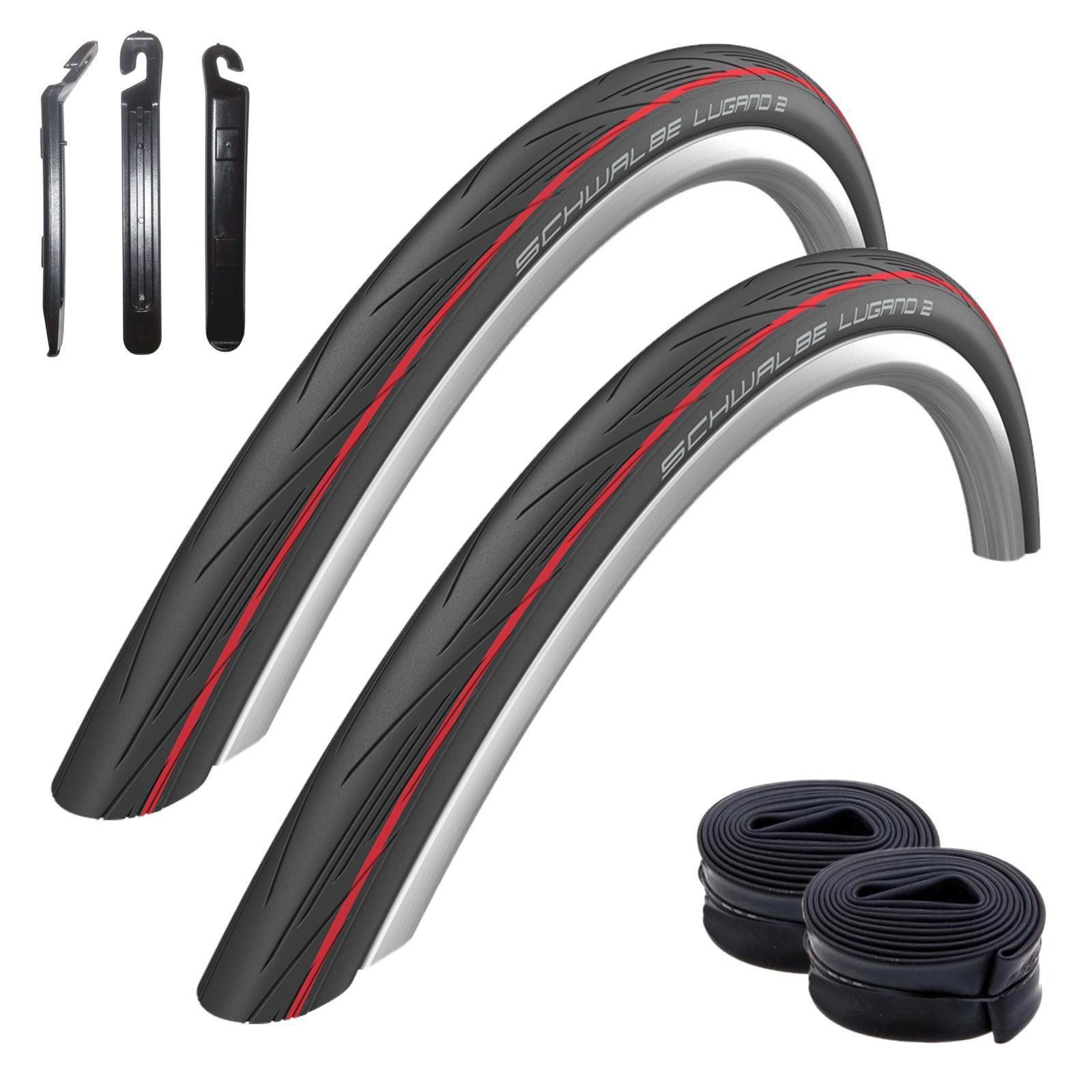 maxxi4you Fahrradreifen 2 x Schwalbe Lugano 2 Schwarz roter Streifen + 2 x SV15 lang inkl. RH