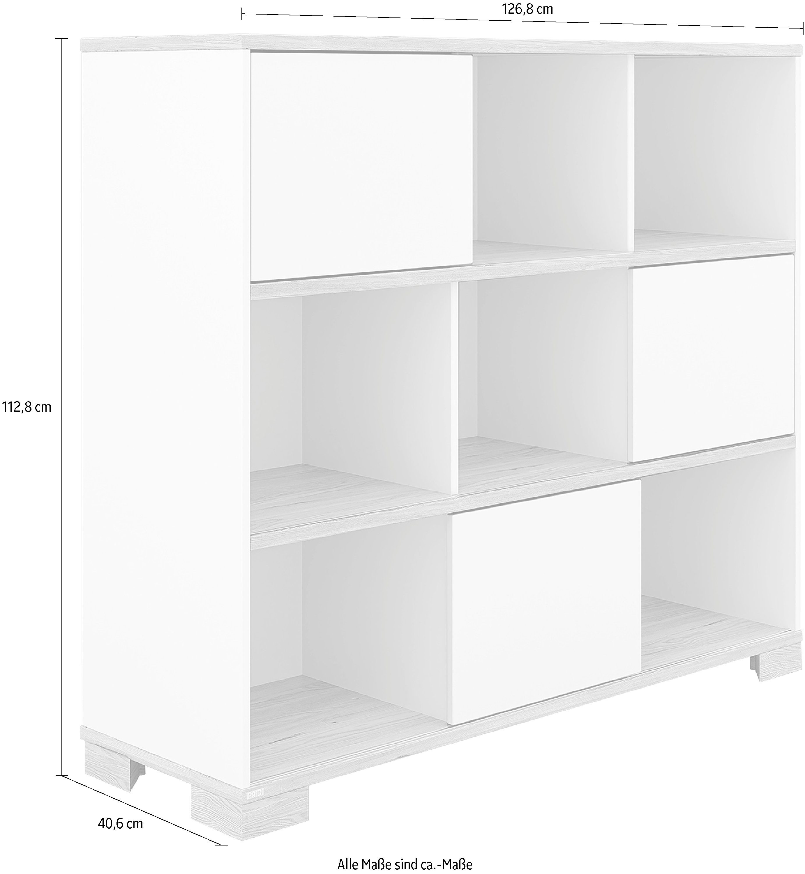 PAIDI Standregal YOLANDA in Weiß mit Eiche-Dekor, 9 Fächer mit 3 Schiebetüren, 127 cm Breite, langlebiges Regal aus Holz, Soft-Close – Bild 4 von 5