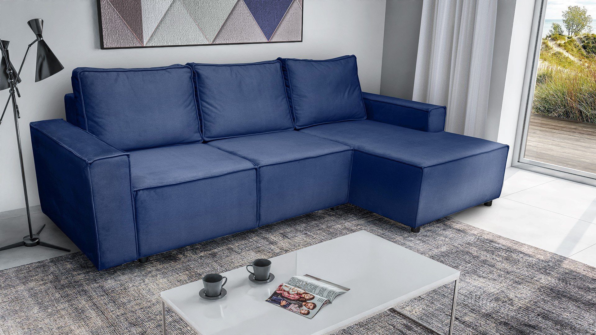 Blau Ein Wohnzimmer minimalistisches - Armando Ecksofa Ecksofa Ecksofa Schlaffunktion Siblo bequemes - modernes - Bettzeugbehälter mit