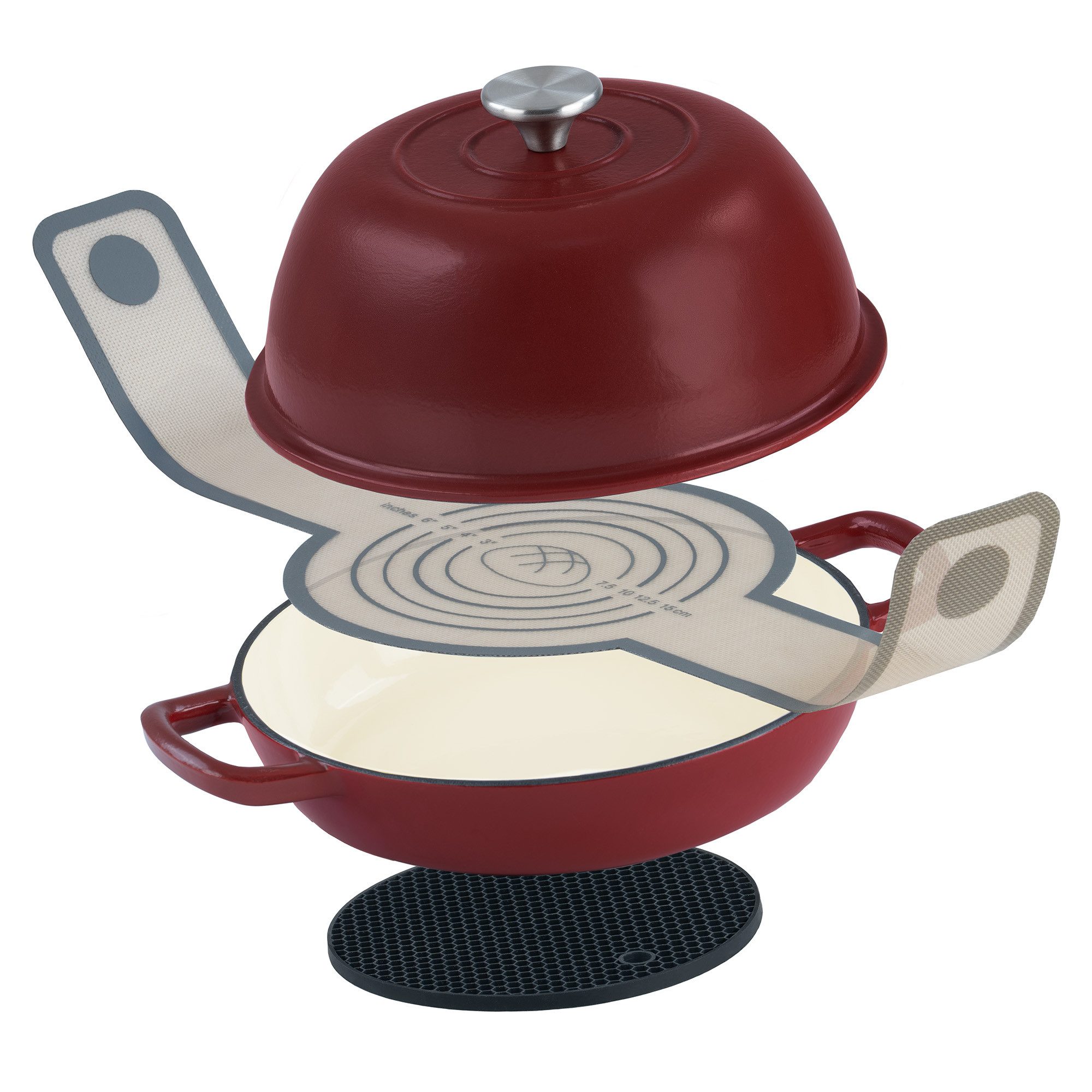 Mahlzeit Kochtopf Gusseisen Brottopf Set emailliert, 6,4 Liter, Dark Cherry, Brotschling, Gusseisen, zum Backen von Broten, aber auch zum Kochen, Braten und Schmoren