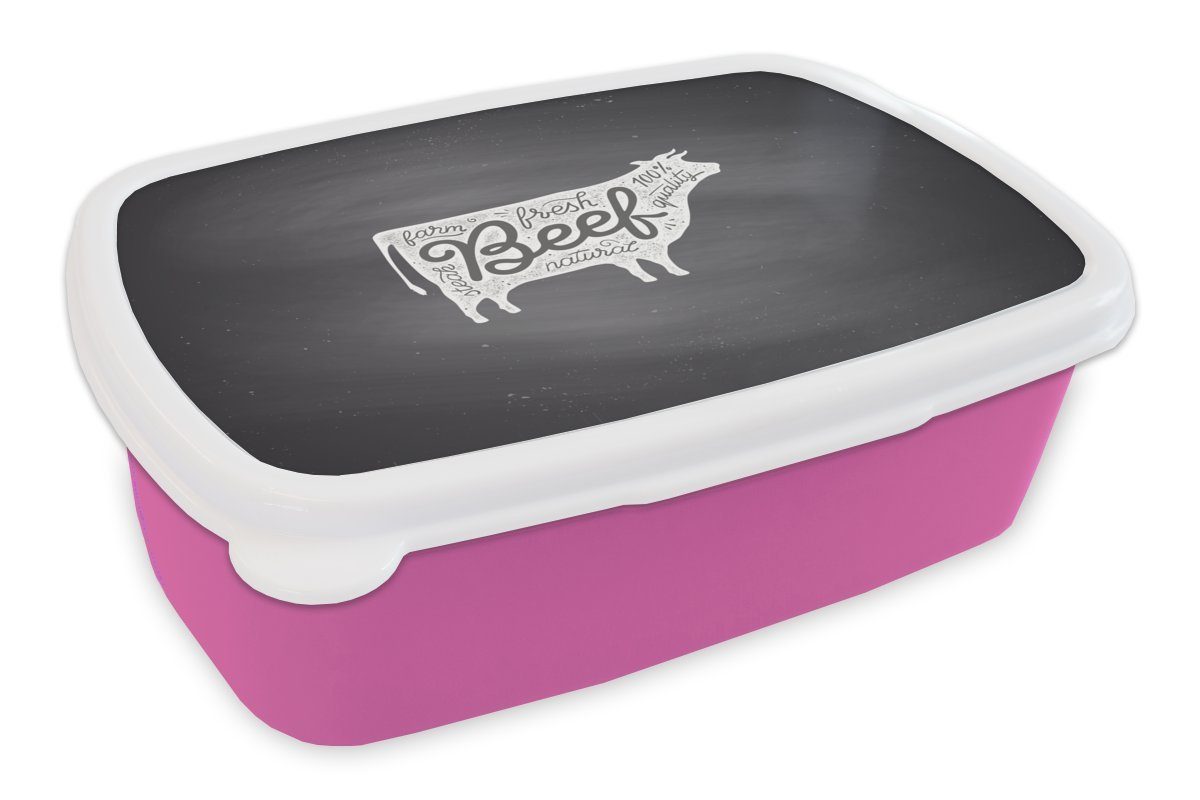 Brotbox Weiß, Kunststoff, Erwachsene, Mädchen, Snackbox, Kunststoff - Steak rosa für MuchoWow Brotdose Lunchbox Kinder, Kuh - (2-tlg),
