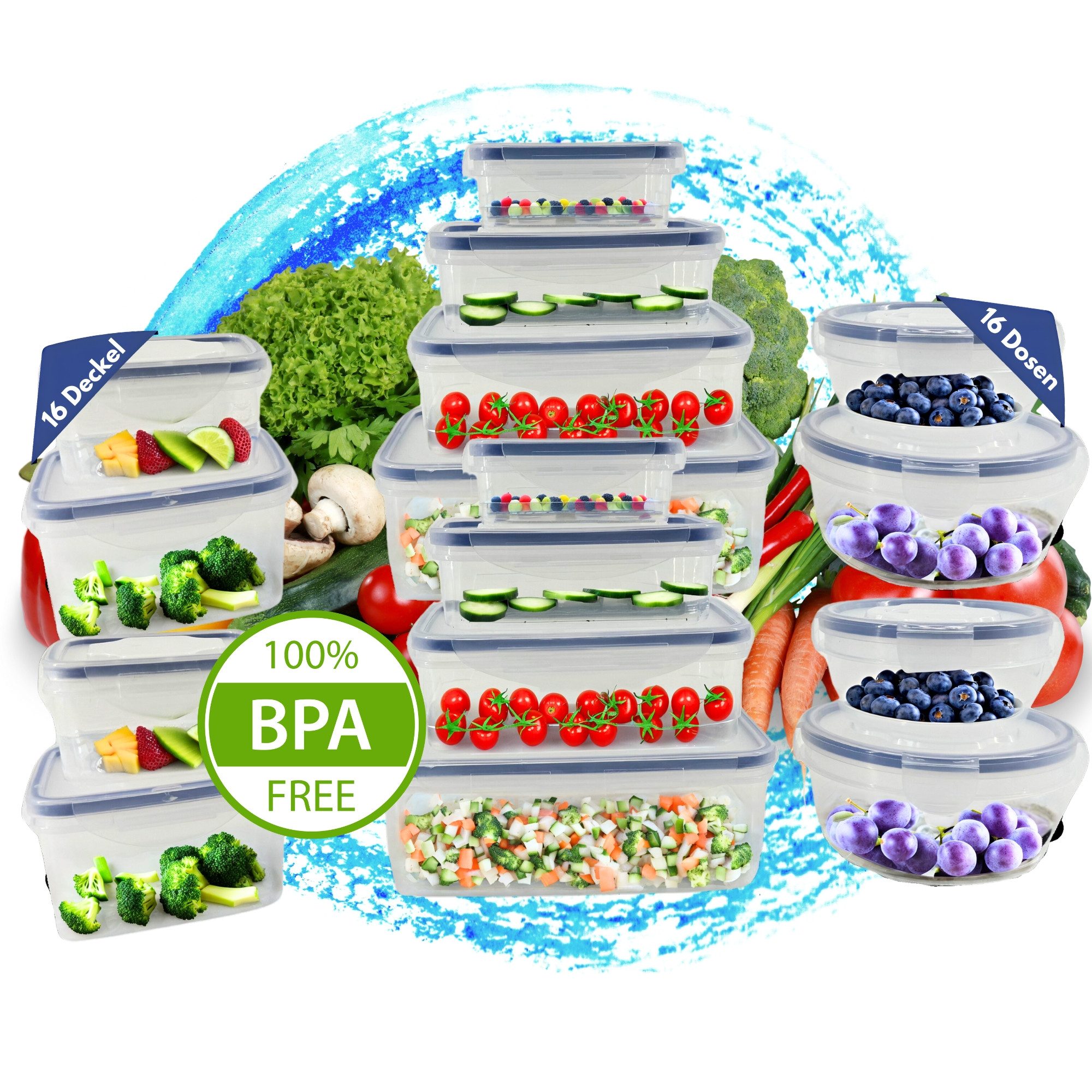 TronicXL Frischhaltedose 32er Frischhaltedosen Set 16 Dosen mit 16 Deckel Klick Frischhaltedose, Kunststoff, (32-tlg), Kunststoff transparent rund eckig luftdicht