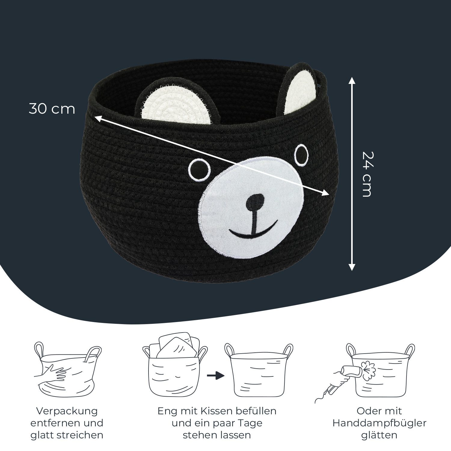 HMF Aufbewahrungskorb Aufbewahrungskorb mit versteckten Griffen, Korb für Kinderzimmer aus Baumwolle, Bär, Schwarz – Bild 5 von 5