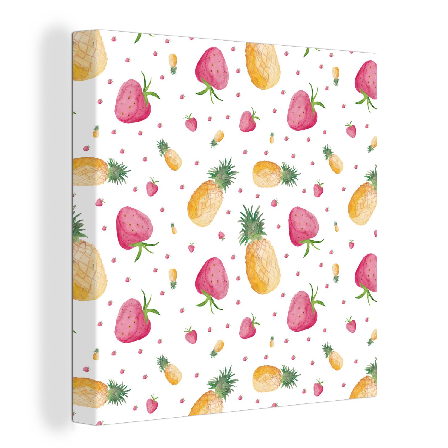 OneMillionCanvasses® Leinwandbild Erdbeeren - Ananas - Aquarell - Schablonen, (1 St), Leinwand Bilder für Wohnzimmer Schlafzimmer