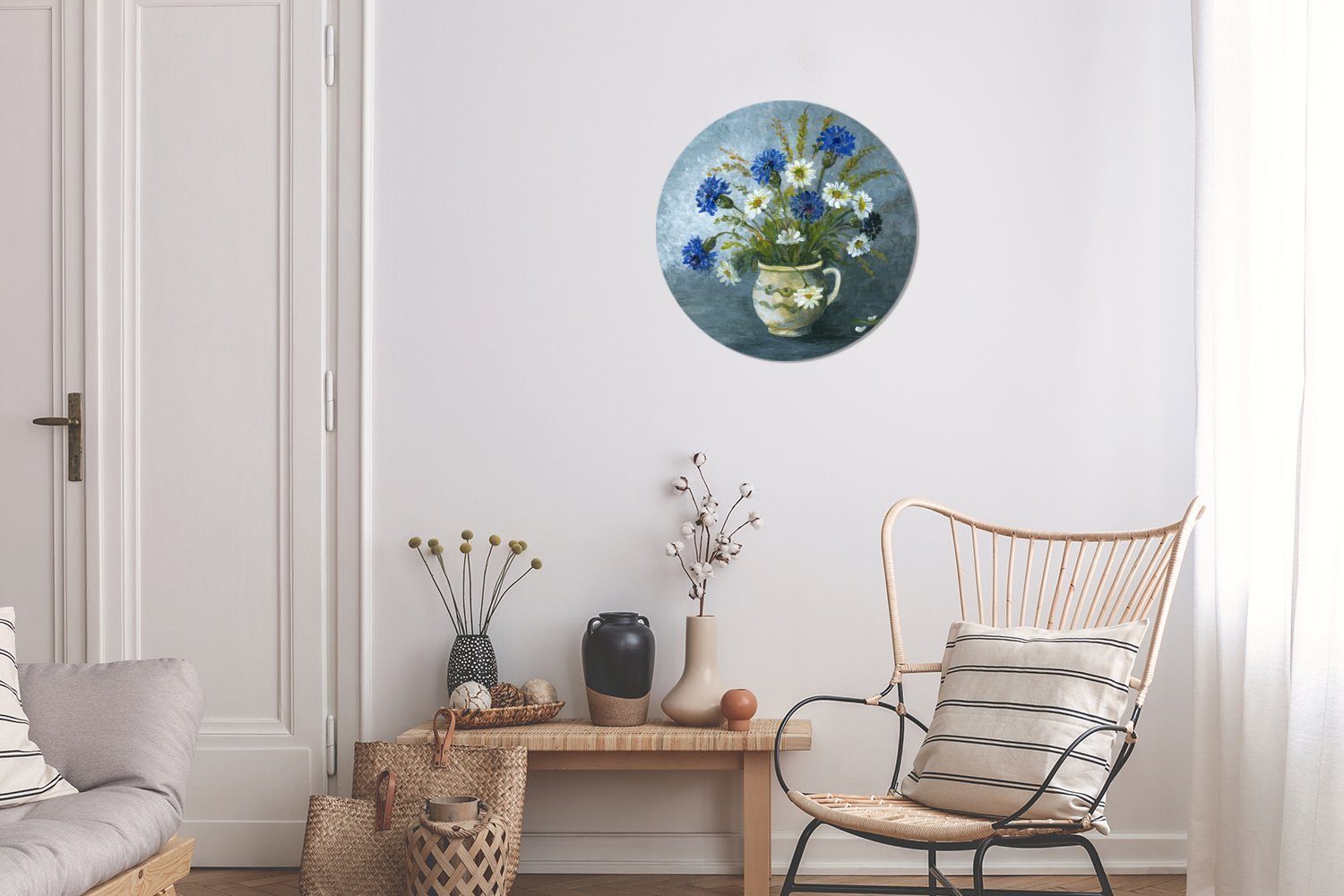MuchoWow Wandsticker mehreren Tapetenkreis Kornblumen (1 von Wohnzimmer Illustration Eine in für St), Tapetenaufkleber, Rund, Kinderzimmer, einer Vase