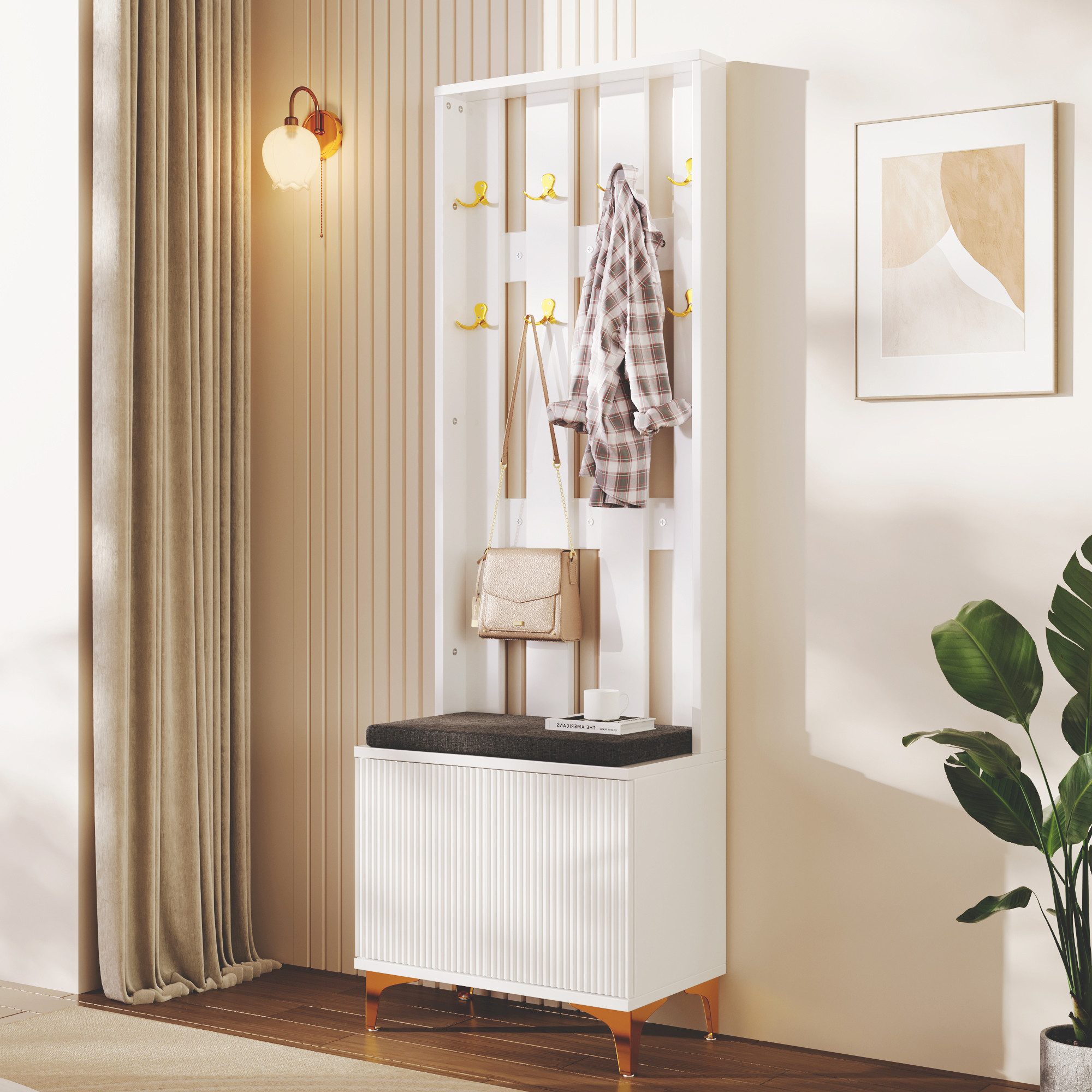 Furnishings Home Truhenbank Elegantem Design Garderobenset mit Schuhbank und Kissen (1-St), Mit Haken Push-to-Open-Türmechanismus verstellbaren Innenregale