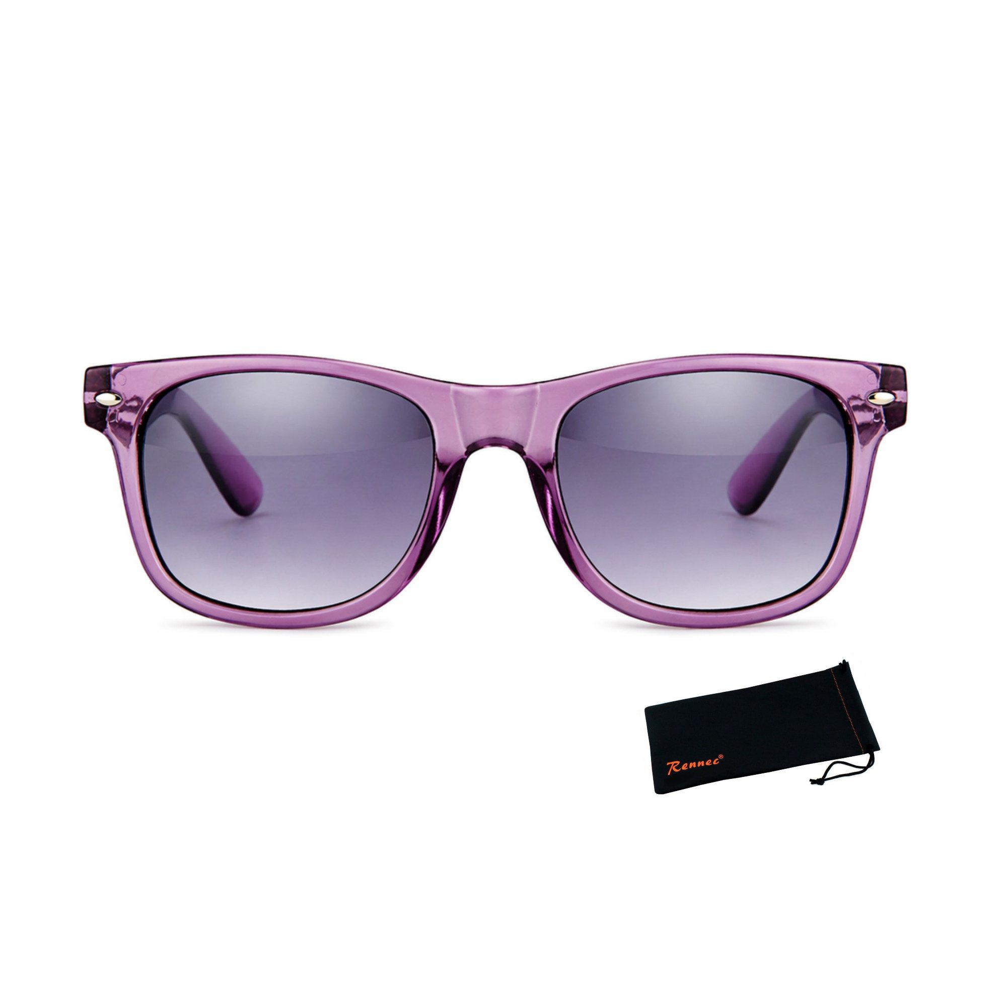 Rennec Sonnenbrille (Nerd Sonnenbrille Damen Herren Retro Gestell Transparent) Gläser Lila Verlaufsgetönt, Federscharniere an den Brillenbügeln