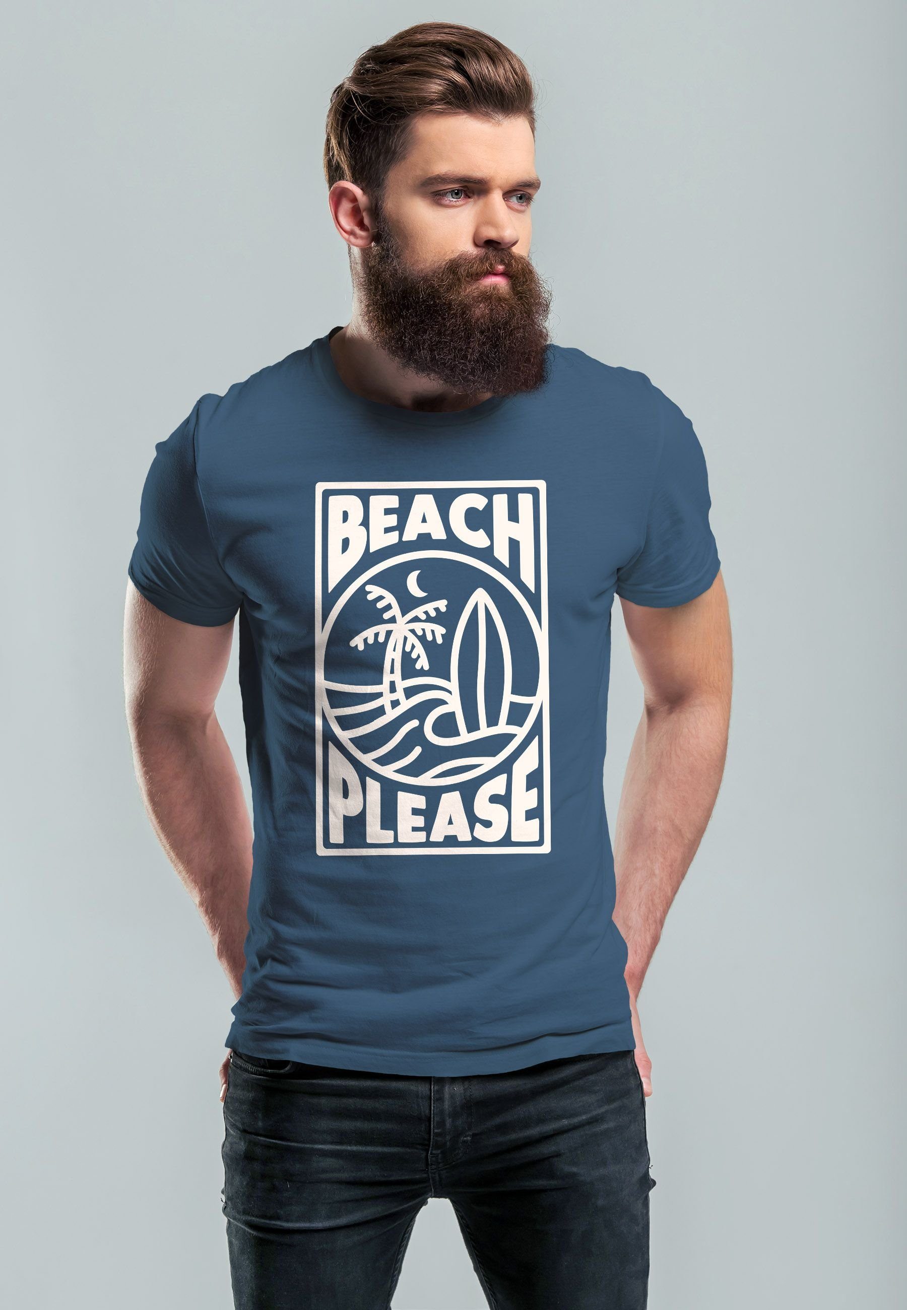 Neverless Print-Shirt Herren T-Shirt Wave Print Please Welle denim Surfboard Print Beach mit Surfing Sommer blue