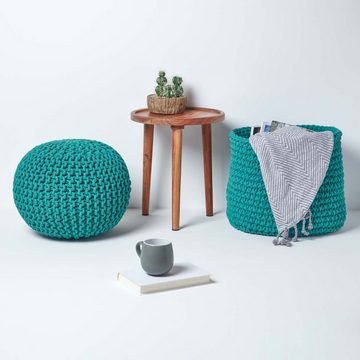 Homescapes Pouf Runder Strickpouf 100% Baumwolle, petrol