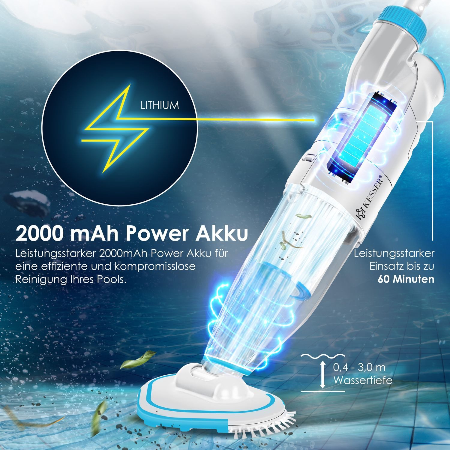 KESSER Poolbodensauger, Poolsauger mit Akku elektrisch Pool Bodensauger Handsauger