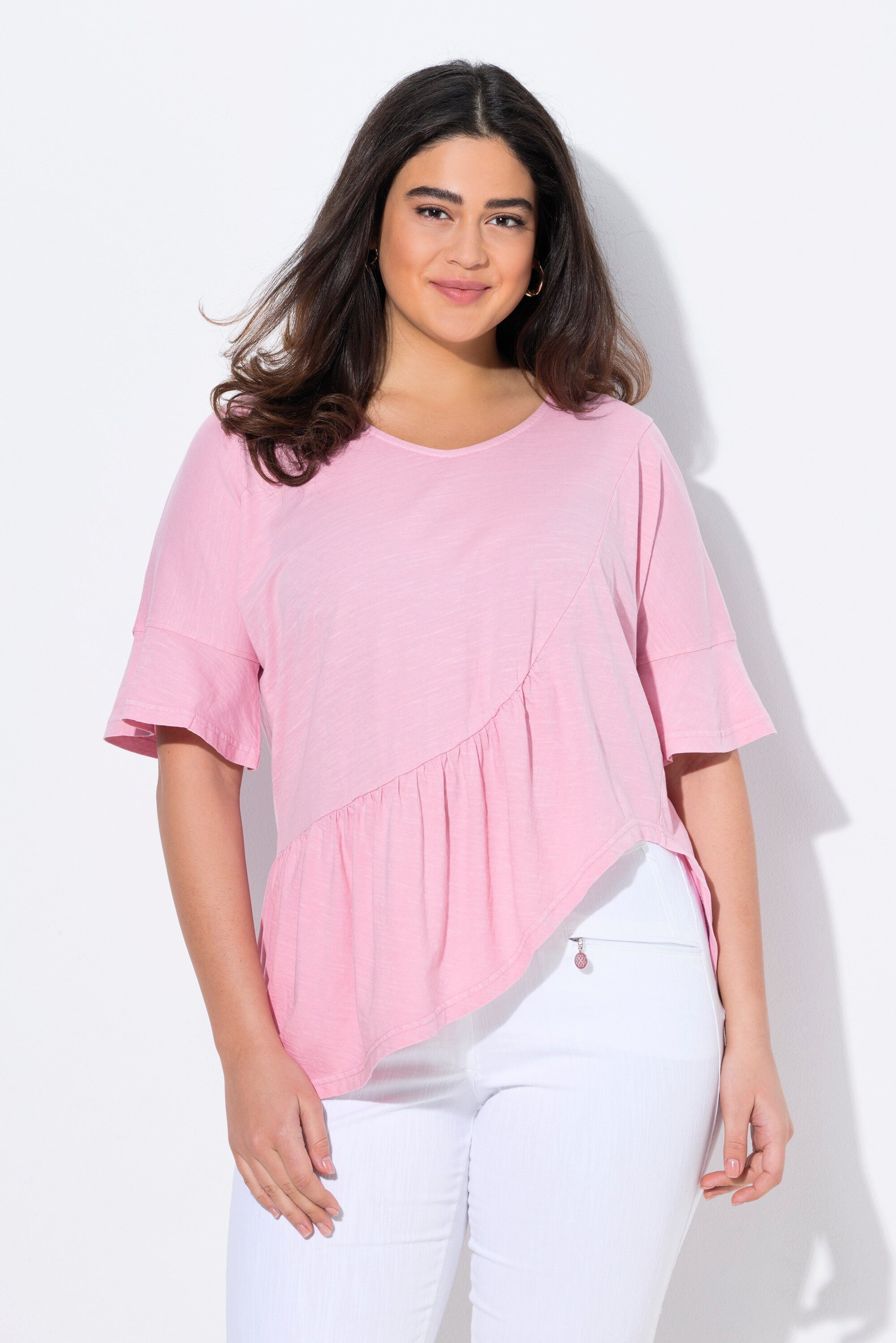 Ulla Popken T-Shirt T-Shirt Volantsaum Oversized V-Ausschnitt Halbarm
