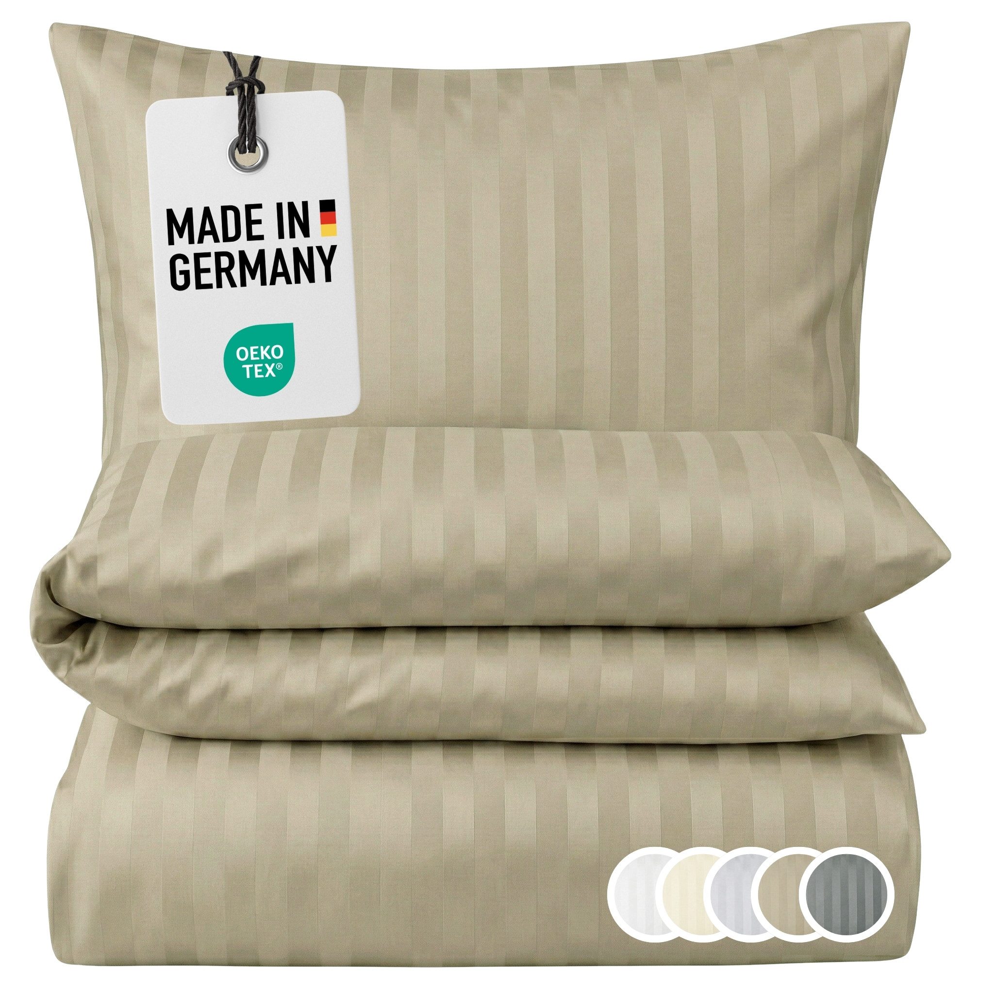 Carpe Sonno Bettwäsche Damast 135x200 155x220 Hochwertige Hotel Baumwoll Bettwäsche gestreift, Damast, 2 teilig, Bettwaren Set 135 x 200 Bettbezug mit Reißverschluss - Taupe