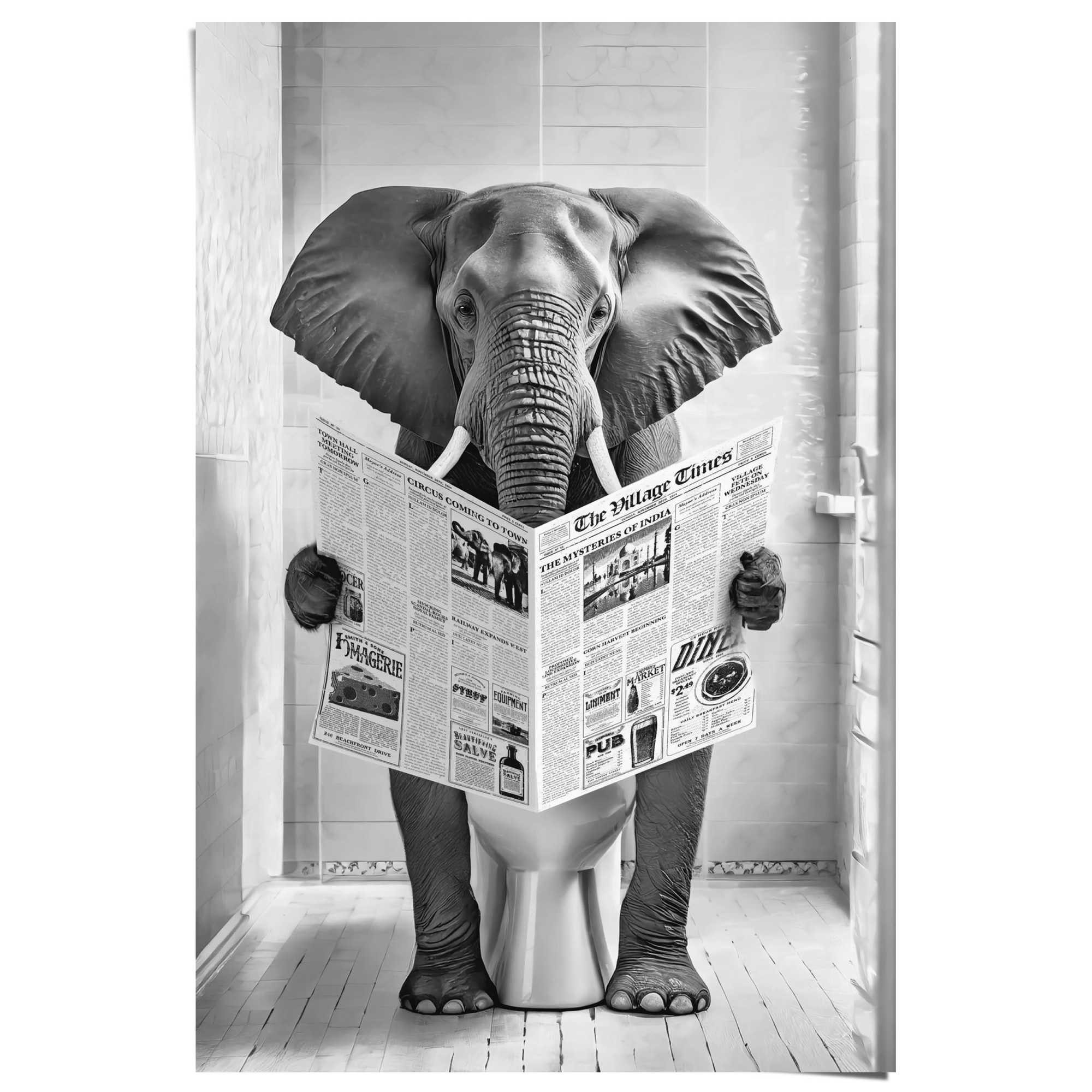 Reinders! Poster Elefant auf der Toilette, Elefant, Elefanten Bilder, Tiere, Toilette - Schwarz-Weiß - 150 gr. Papier - Tiere - 61x91,5 cm
