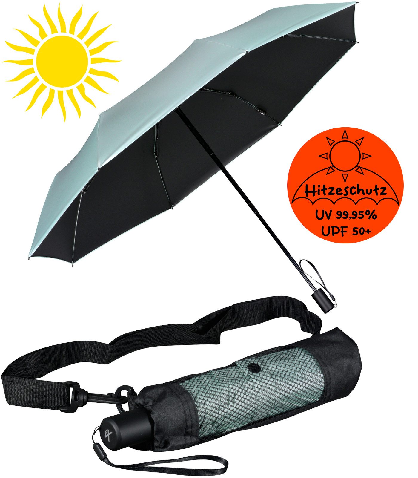 iX-brella Taschenregenschirm Sonnen-Regenschirm mit UPF 50+, UV-Hitze-Schutz, mit Umhängetasche, mit Handöffner, innen schwarz