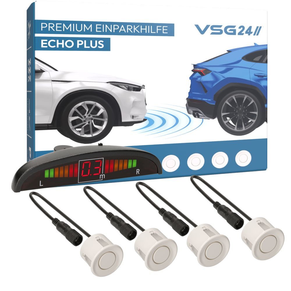 VSG24 Premium Einparkhilfe ECHO PLUS VORNE Display Parkhilfe zum nachrüsten Rückfahrkamera (Rückfahrwarner mit Display & 4 Sensoren Stecksystem Nachrüstsatz PDC)