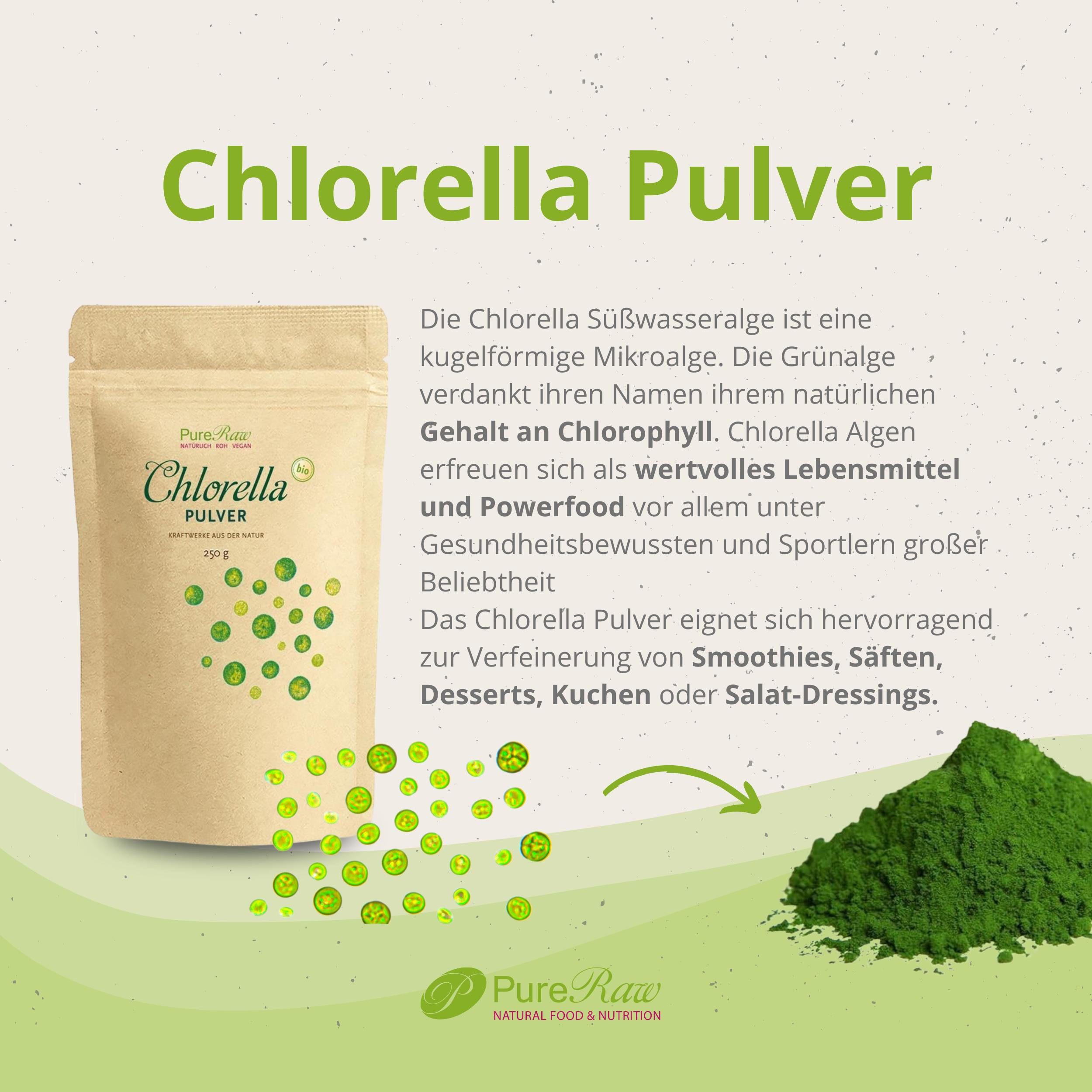 PureRaw Bio Chlorella Pulver – 100 % Chlorella vulgaris, Rohkostqualität Pulver, 250 g
