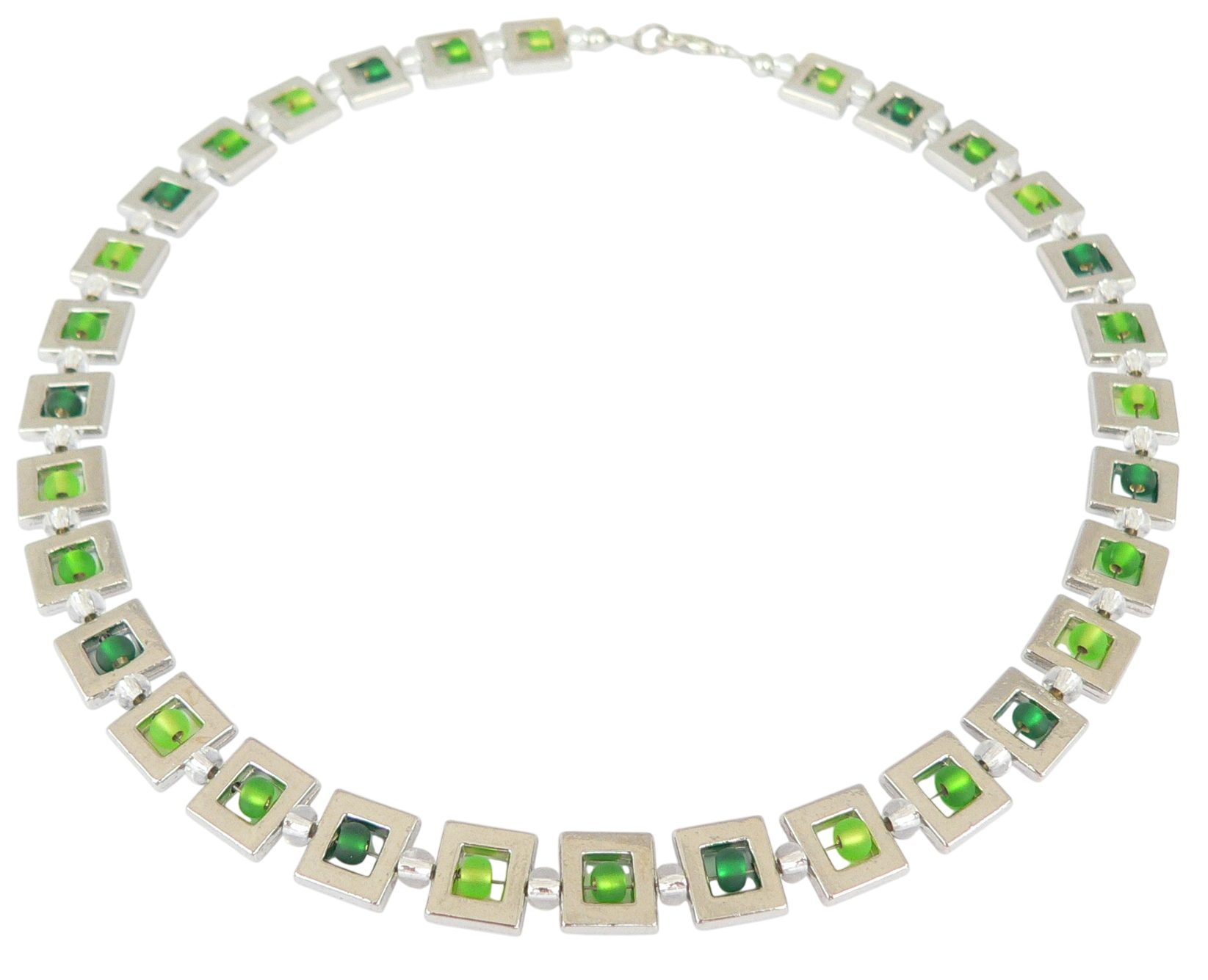 traumschmuck Collier 135v Halskette Metallrahmen Glasperlen Silbereinzug dunkelgrün grün (Geschenk, Muttertag, Weihnachten, Geburtstag, Valentinstag, incl. Schmuckbox), handgefertigt, Made in Germany