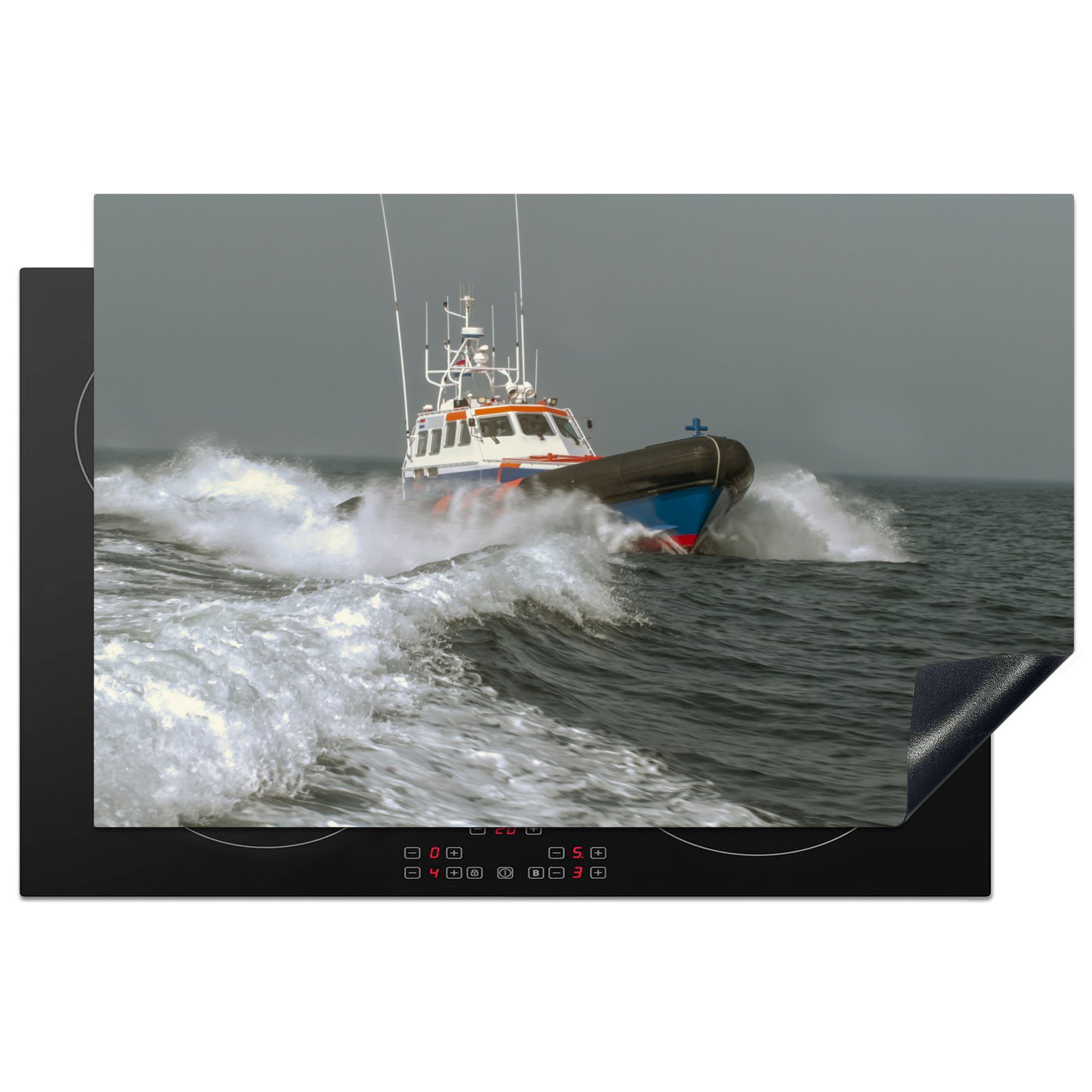 MuchoWow Herdblende-/Abdeckplatte Ein Rettungsboot auf See, Vinyl, (1 tlg), 81x52 cm, Induktionskochfeld Schutz für die küche, Ceranfeldabdeckung