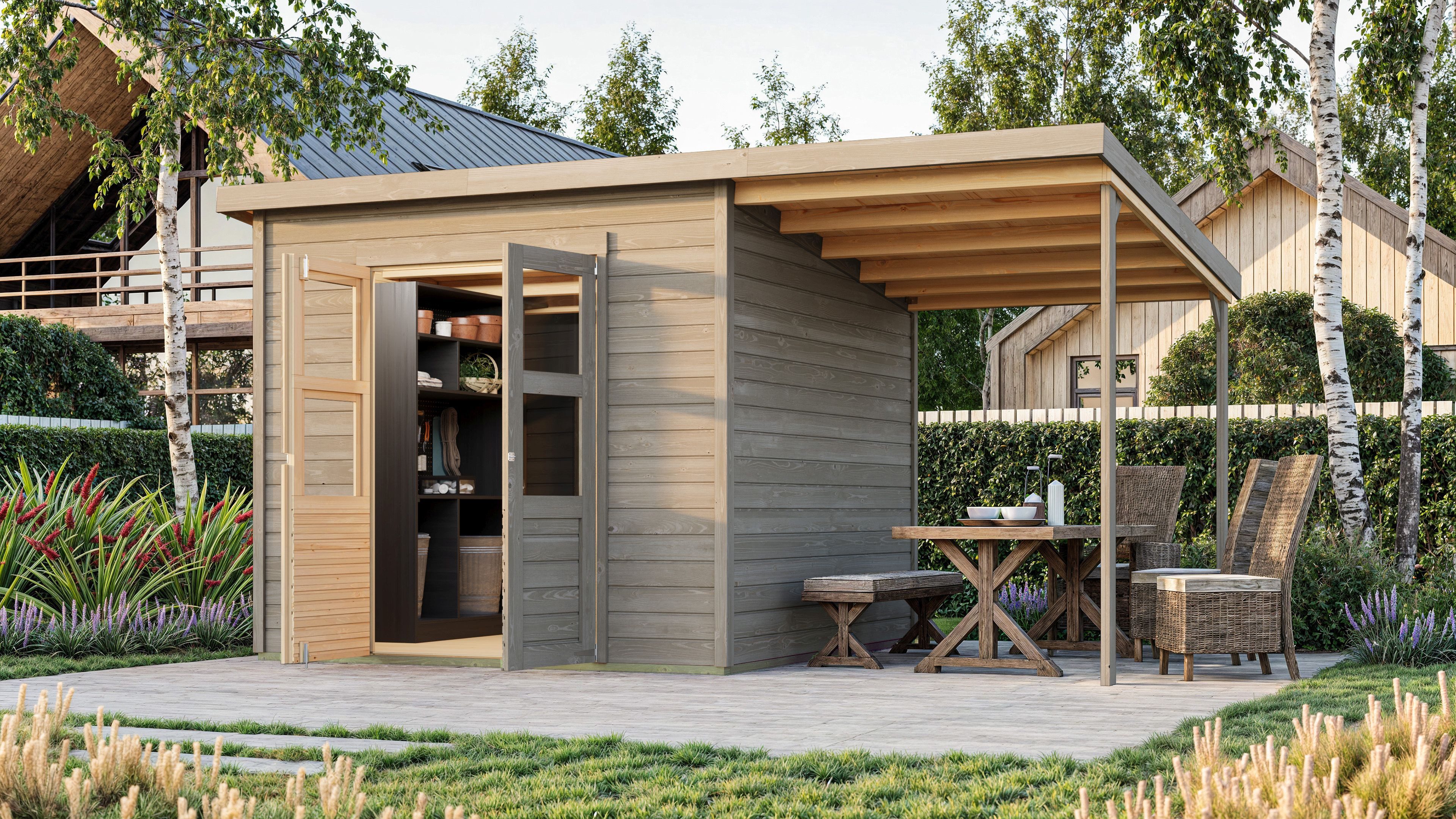 Karibu Gartenhaus "Merseburg 6" vorvergraut mit Anbaudach, BxT: 400x244 cm, (Set), aus Fichtenholz, farbig lasiert