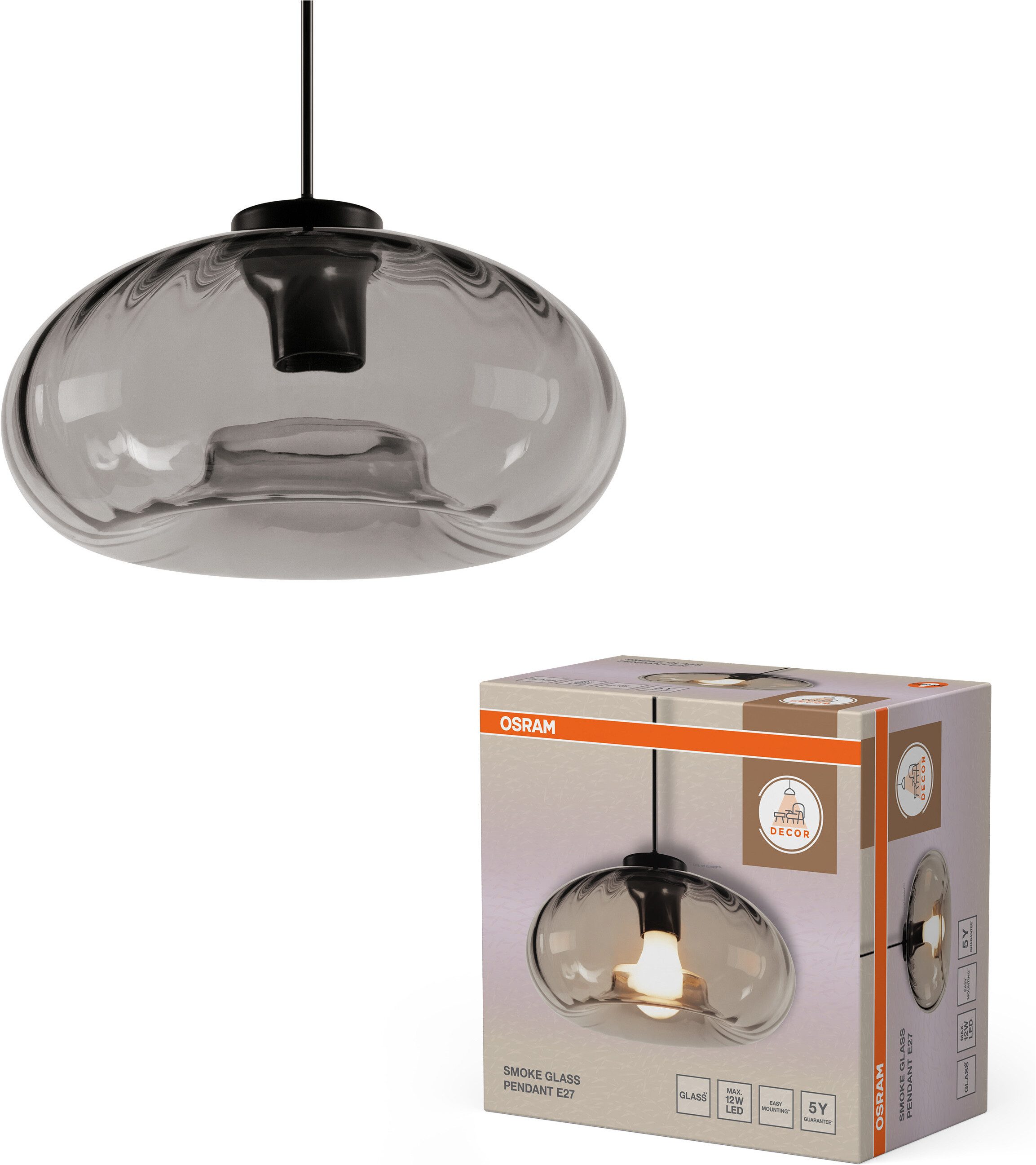 Osram Pendelleuchte Decor Smoke Glass, ohne Leuchtmittel, schwarz, E27, Stahl und Glas