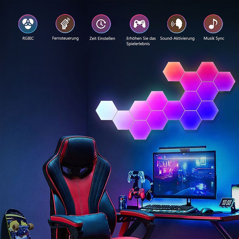 Rosnek LED Nachtlicht Smart, Sechseck, RGB, Musiksyn, für Schlafzimmer Spielzimmer Deko, RGB, App/Fernbedienung