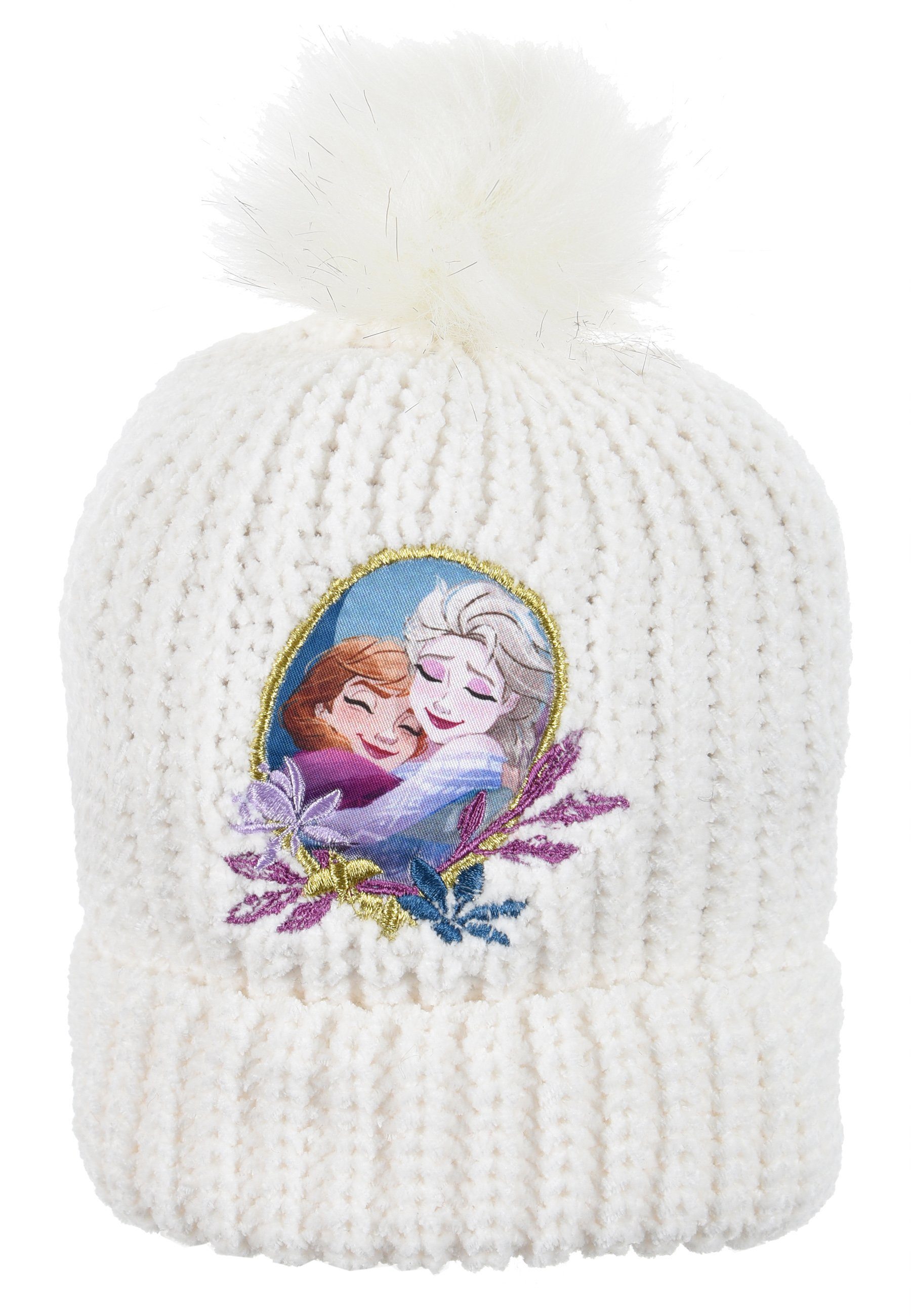 Disney Frozen Bommelmütze Kinder Strick Winter-Mütze Eiskönigin Weiß und Elsa Mädchen Anna Mütze