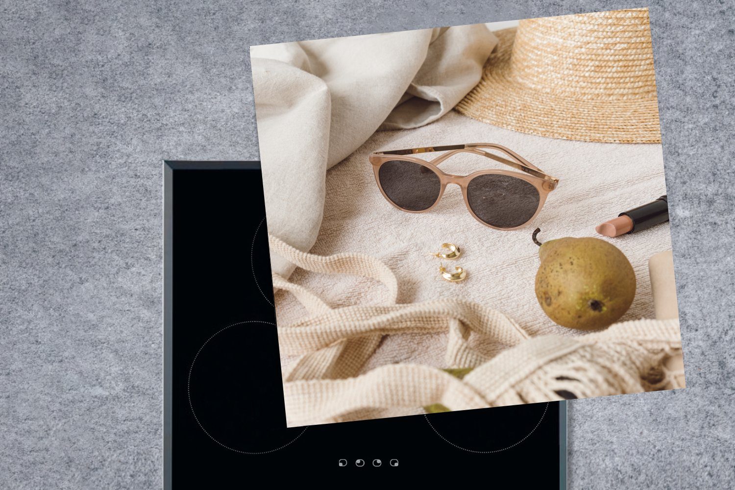 Obst, MuchoWow Sommer cm, Herdblende-/Abdeckplatte Sonnenbrille - tlg), Vinyl, - für 78x78 (1 küche Arbeitsplatte Ceranfeldabdeckung, Hut -