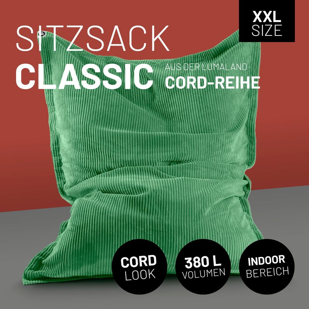 Lumaland Sitzsack Sitzsack Indoor Cord 380l dunkelgrün, kuscheliger Cord-Bezug - perfekt fürs moderne Zuhause