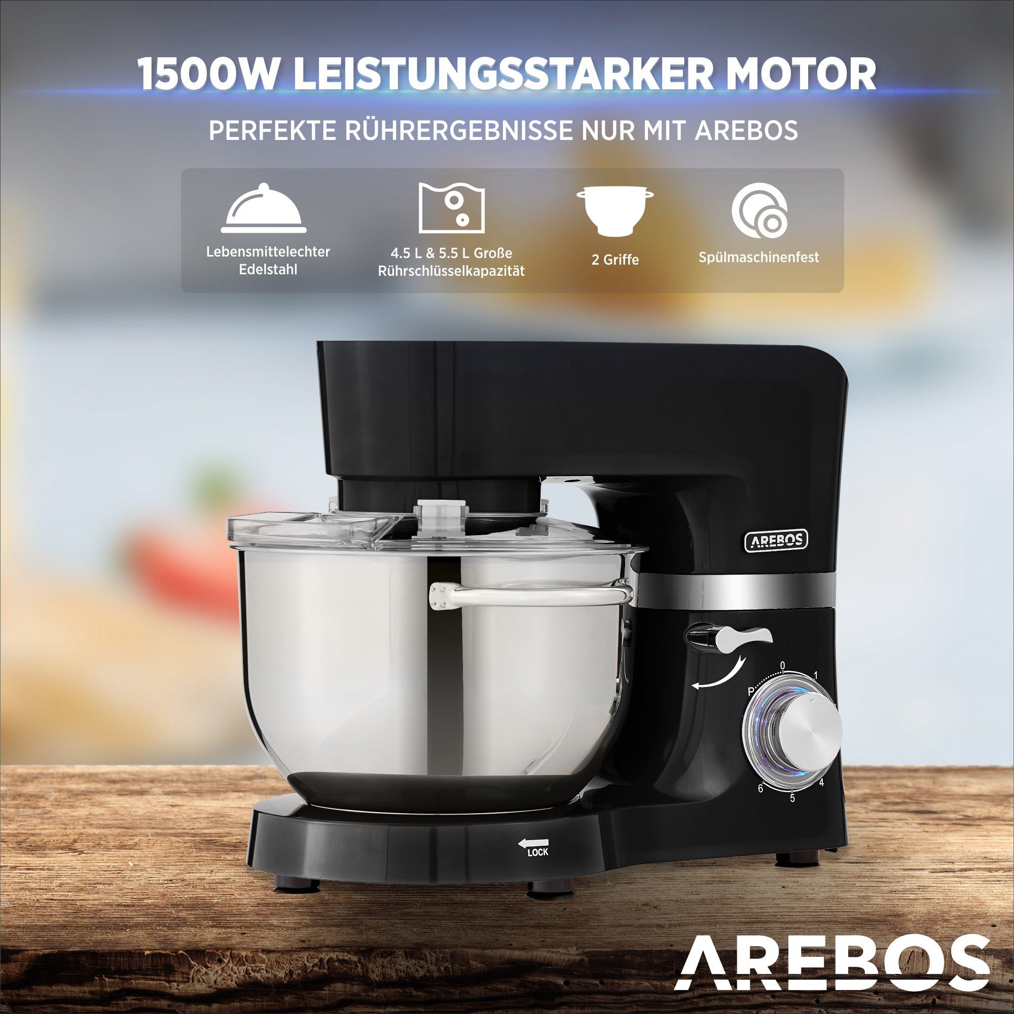 Arebos Küchenmaschine mit 2x Edelstahl-Rührschüsseln 4,5 & 5,5L, 1500 W, 5,50 l Schüssel, Küchenmixer mit Rührhaken, Knethaken, Schlagbesen und Spritzschutz – Bild 4 von 5