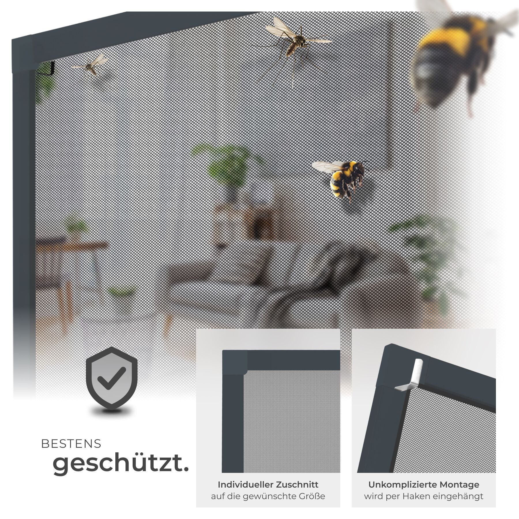 tectake Insektenschutz-Fensterrahmen Fliegengitter mit Aluminiumrahmen ohne Bohren und Schrauben, (Mückenschutz, für Fenster in anthrazit), wetter- und UV-beständig, kürzbar, licht- und luftdurchlässig