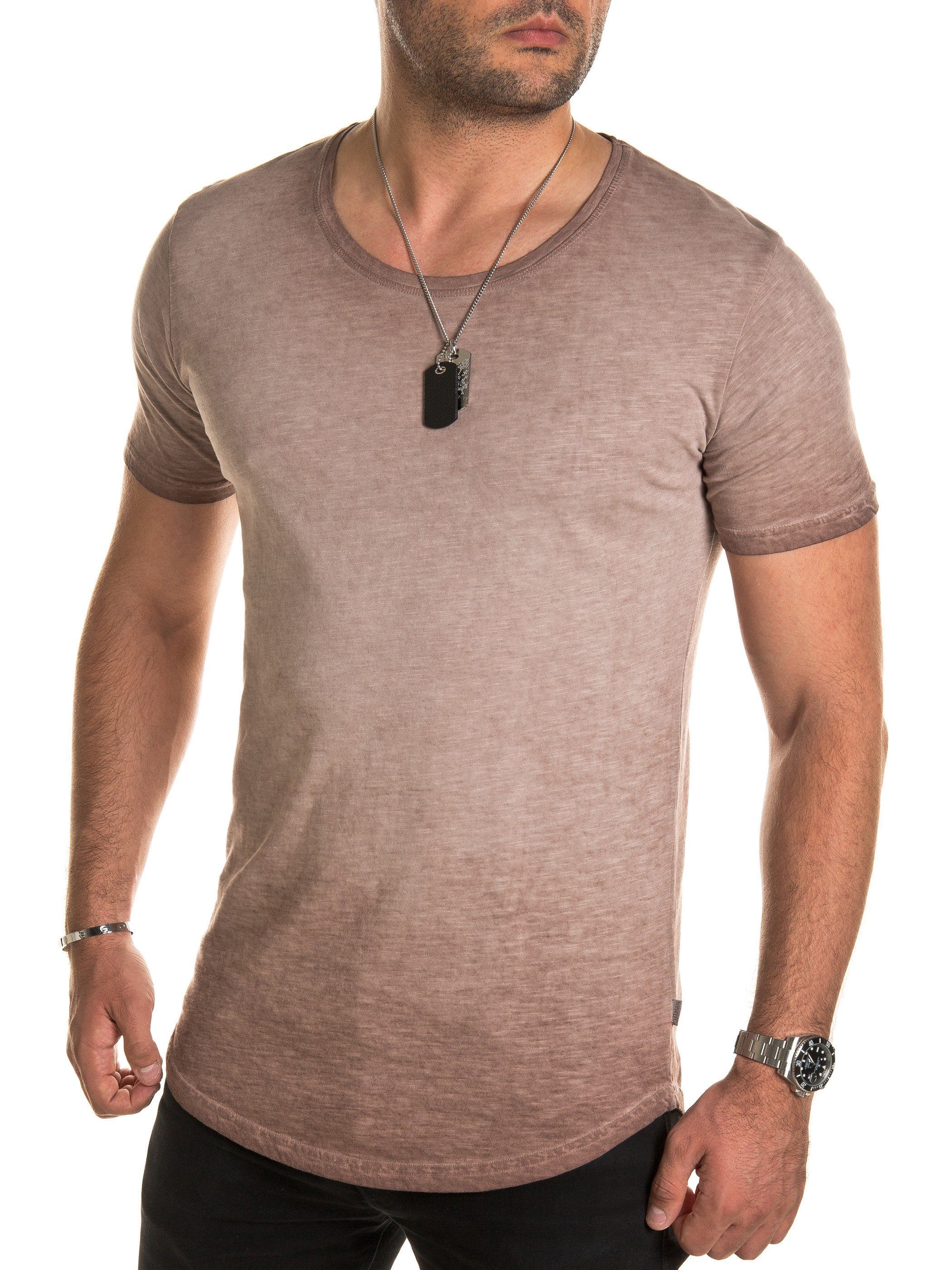 Pittman T-Shirt Shredder Oversize Basic Tee Crew Neck Washed (1-tlg) Braun (warm taupe 161318)