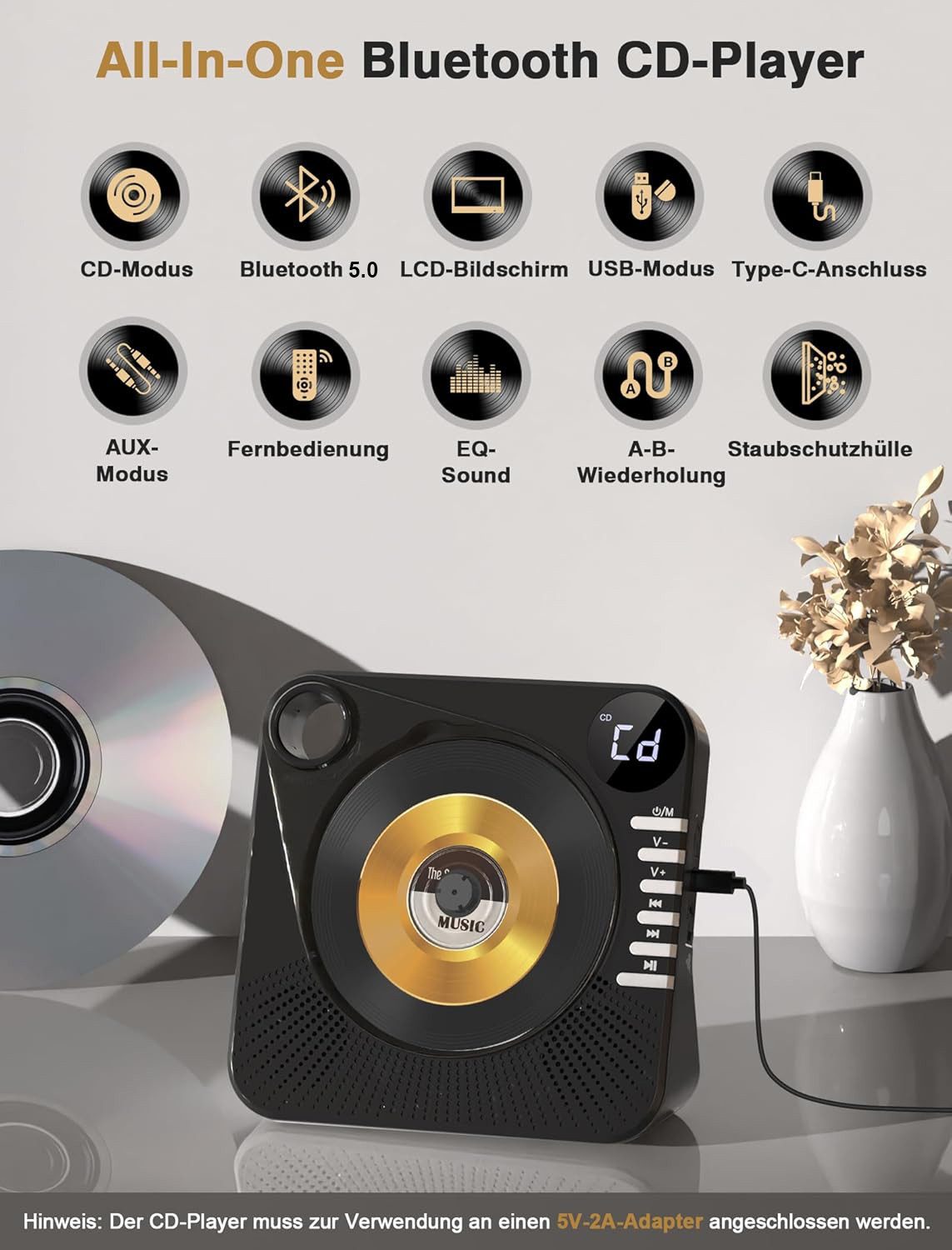 AKKEE Tragbarer CD-Player mit Bluetooth, USB/AUX-Anschluss und LCD-Display CD-Player (Tragbarer cd Player für Zuhause)