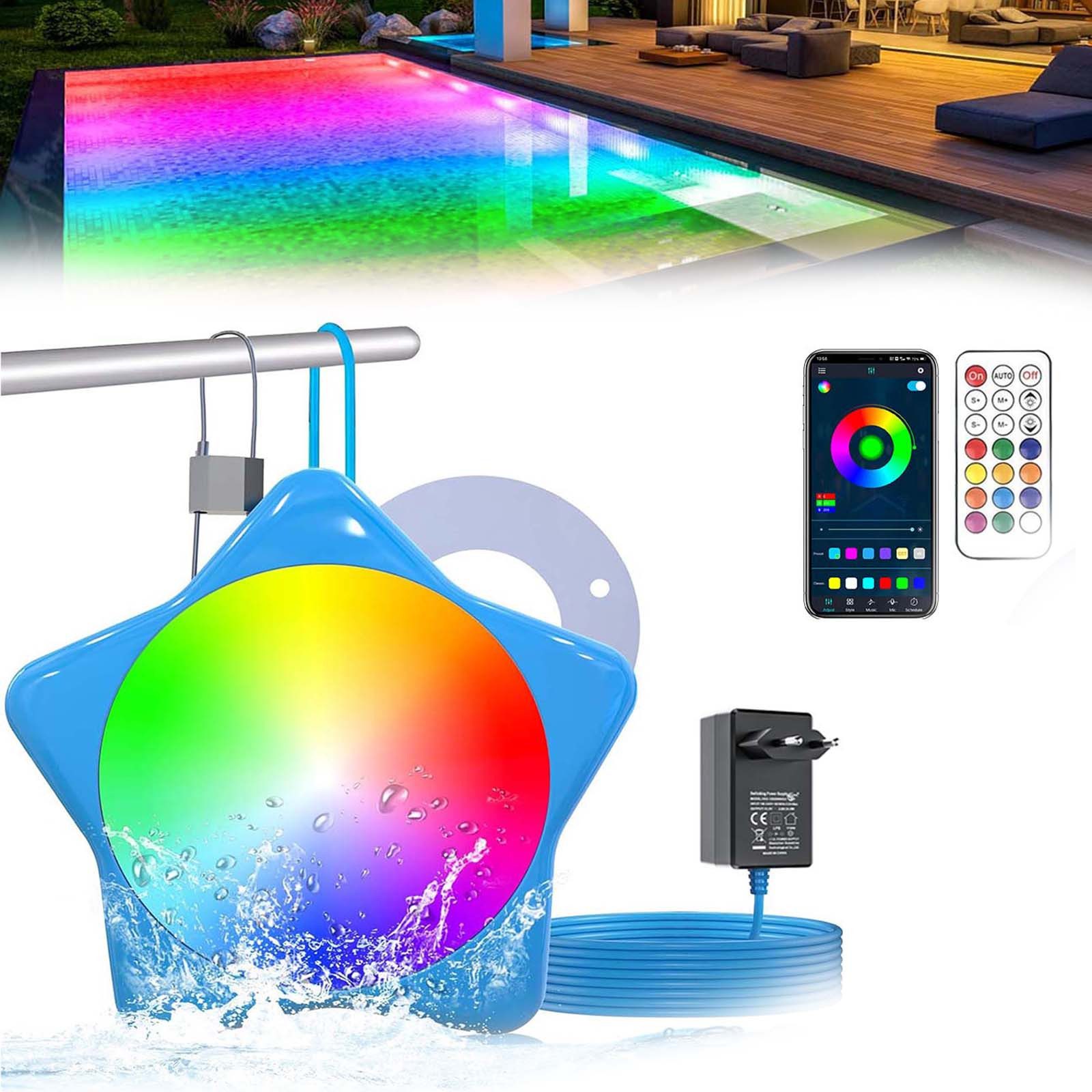 MUPOO Pool-Lampe Poollicht Unterwasser Sternform 20W RGB Smart LED Teichbeleuchtung, APP & Fernbedienung, LED fest integriert, Music Sync, IP68 Magnet Tauchbare Pool Beleuchtungen