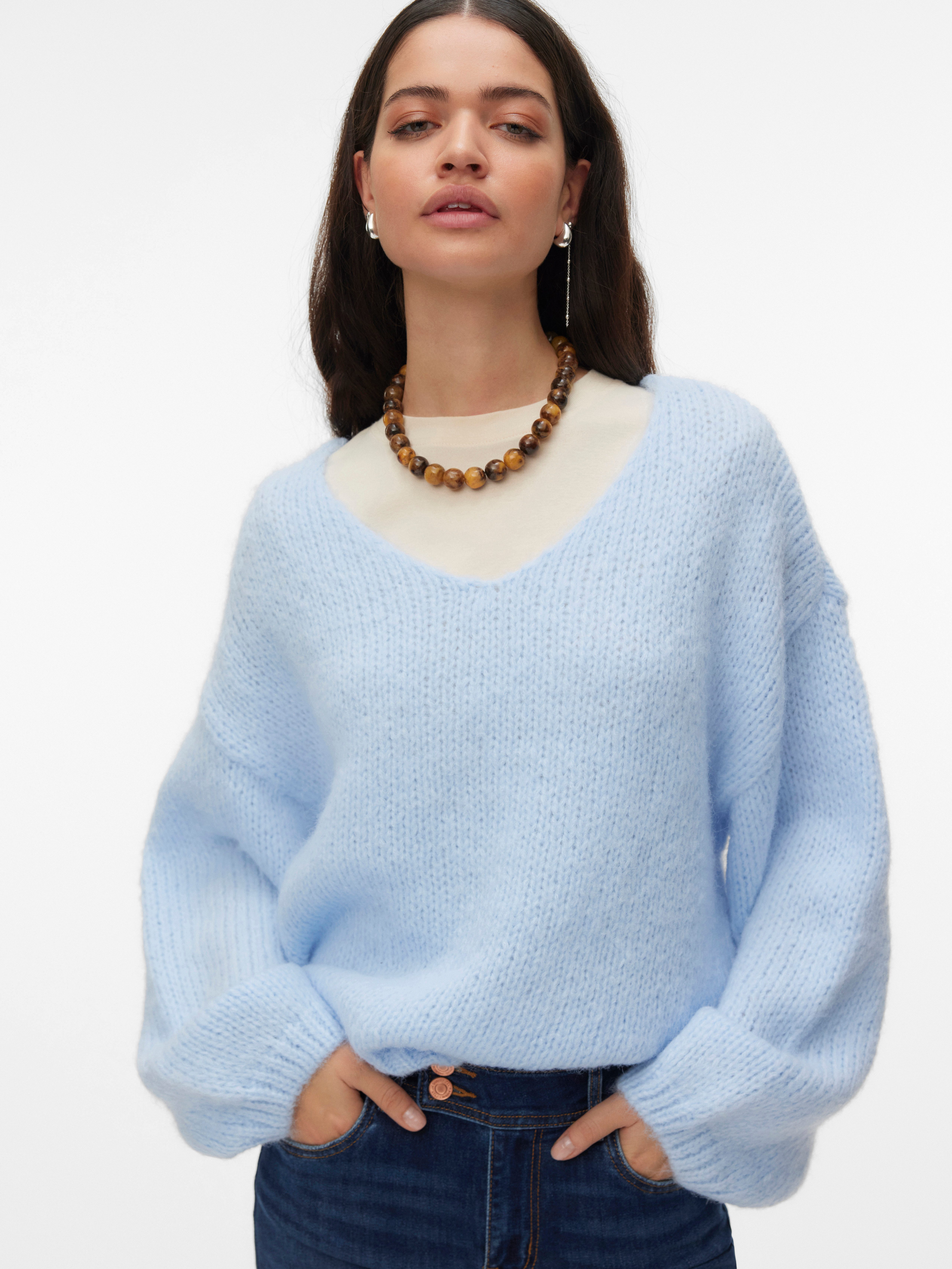 Vero Moda Strickpullover VMMAYBE LS 2WAY V-NECK PULLOVER NOOS Kunstfaser, locker geschnitten, V-Ausschnitt