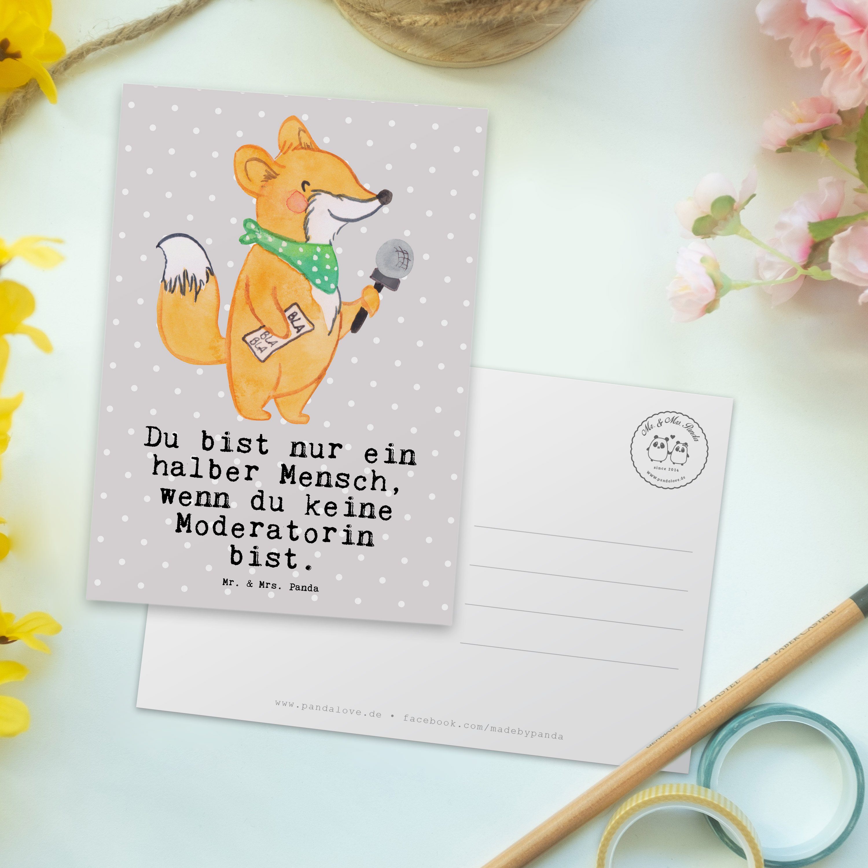 Herz Geb - Geschenk, Pastell Postkarte - Mr. Mrs. Panda & Moderatorin mit Einladung, Danke, Grau