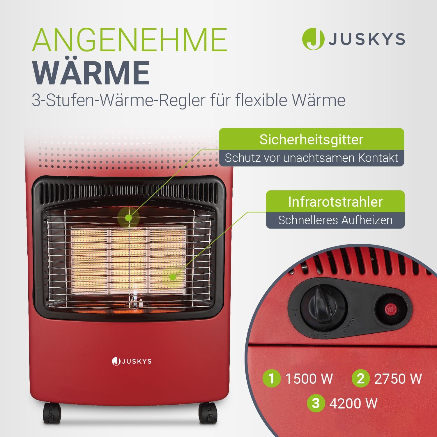 Juskys Heizstrahler GS42US, 4200 W, stark und energiesparend, 3-Stufen-Wärme-Regler, Gasflaschenhalterung
