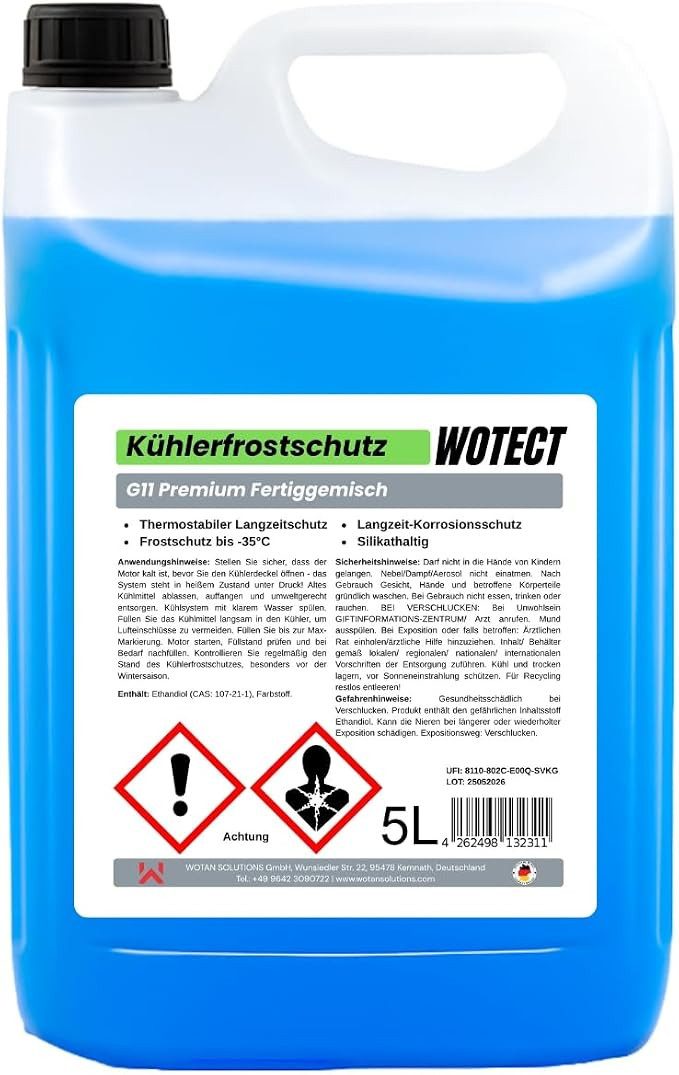 Wotan Solutions Kühlerfrostschutz Kühlerfrostschutz Gebrauchsfertig G11 5L, bis -35 °C, 5 l, Frostschutz, Überhitzungsschutz, Korrosionsschutz