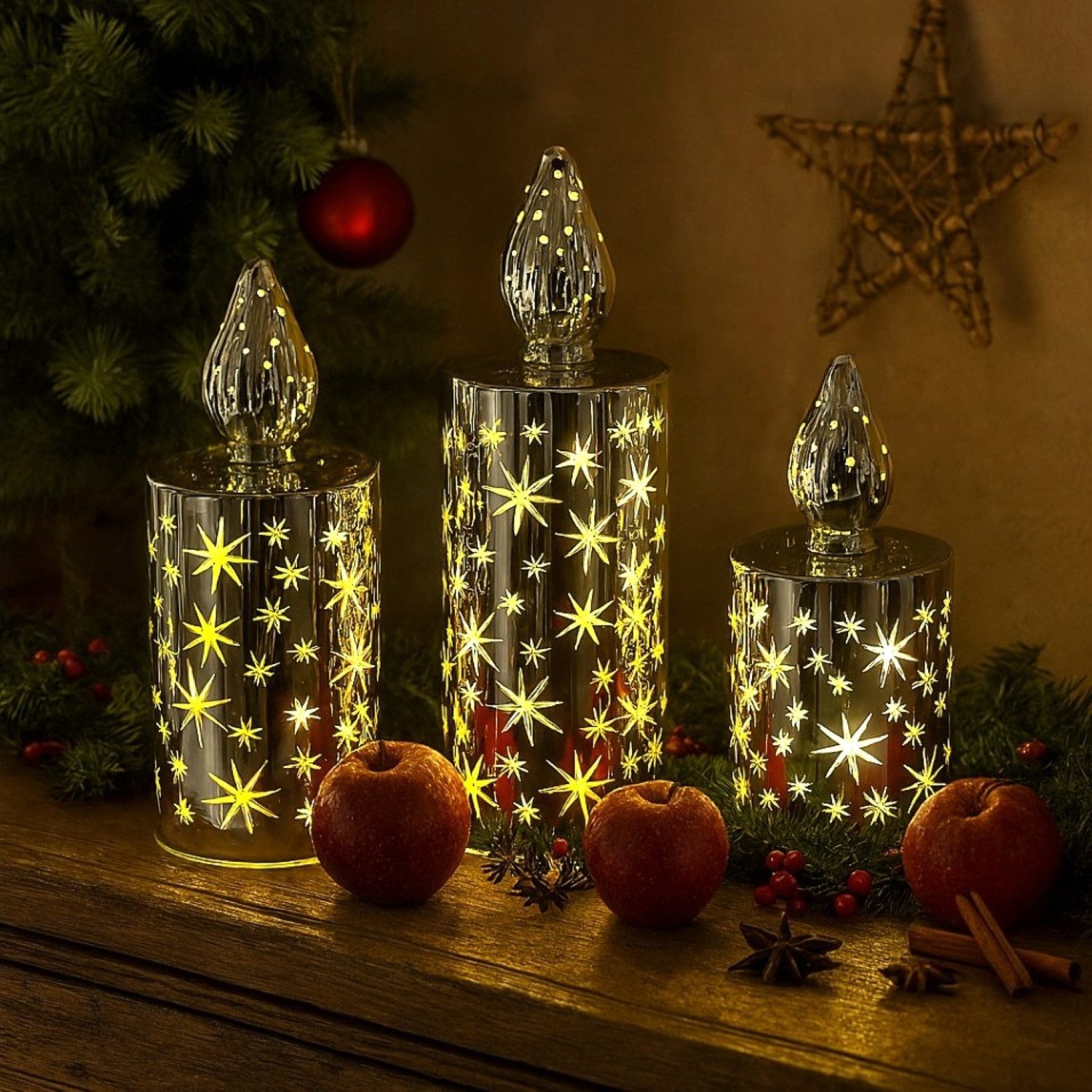 Online-Fuchs LED-Kerze 3er Set LED-Kerzen aus Glas mit Sternen, Lichterkett günstig online kaufen