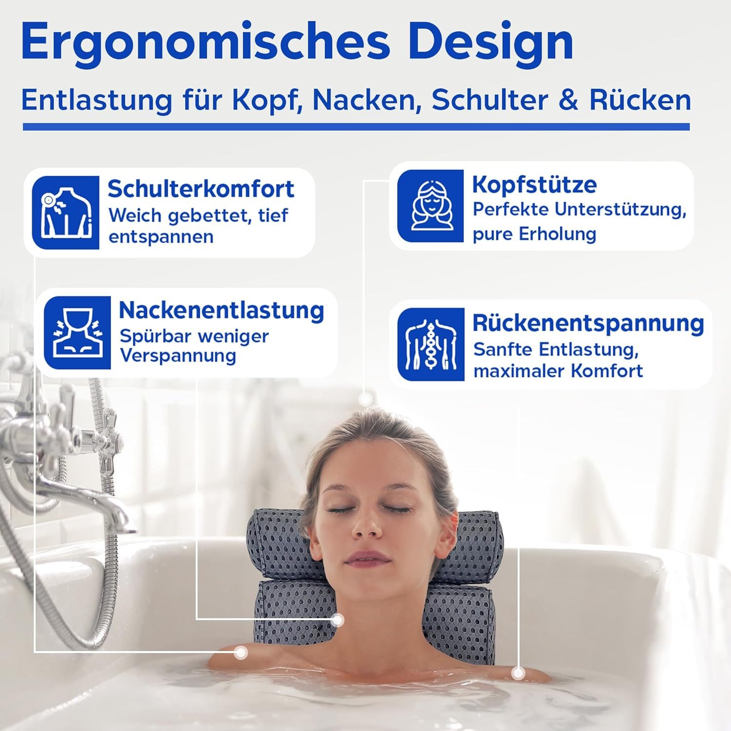 Refined Living Badewannenkissen Ergonomisches Badekissen mit 7 Saugnäpfen & 4D-Air-Mesh,Spa Badekissen, Duschkissen, Kopfstütze Badewanne, Luxus Badewannenkissen mit Aufhängehaken, Weiches 4D-Mesh Badekissen, Badewannenzubehör, Nackenkissen Badewanne, mit Nacken- und Rückenstütze, schimmelresistent, Wellness Badewannen Kopfstütze, Zubehör für Badewanne & Whirlpool, Luxus Home Spa Kissen, 1-tlg., rutschfest und waschbar,antibakteriell,atmungsaktiv, weiches, wasser, für alle Badewannen, Whirlpools und Jacuzzis, Wellness Badekissen
