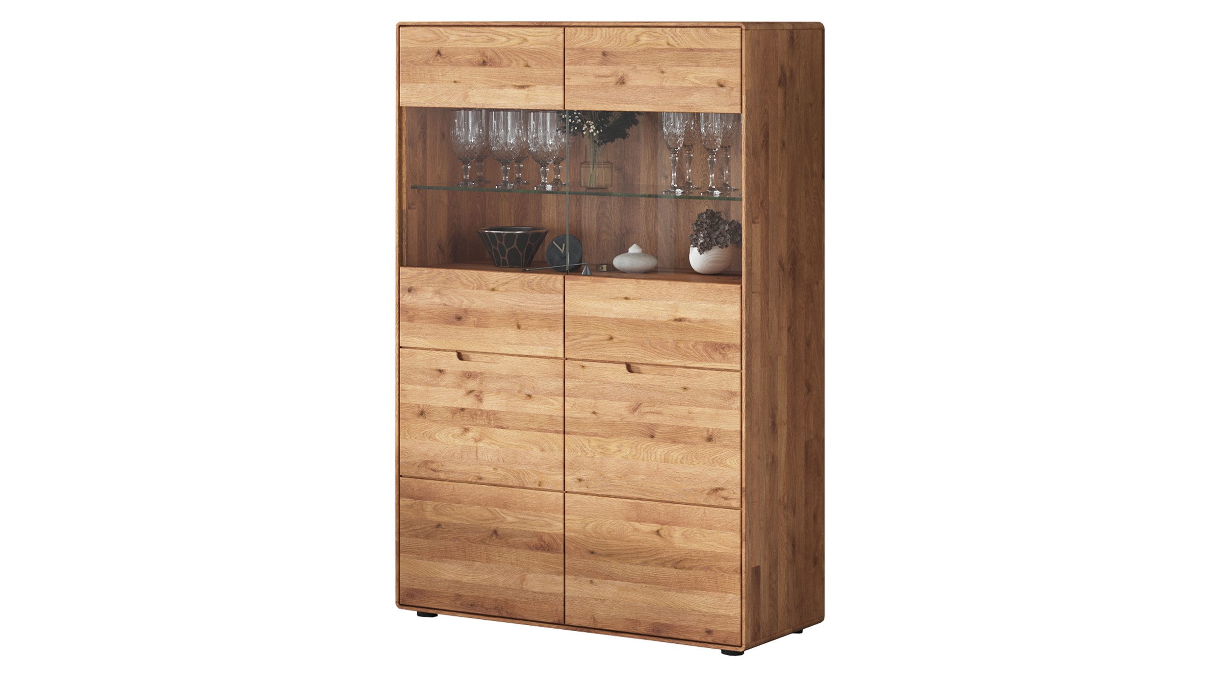 Massivart® Highboard LUCAS 100 cm Breite / montiert / Massivholz Wildeiche geölt, 2 Glas-Holztüren / 3 Einlegeböden / Soft-Close-Funktion