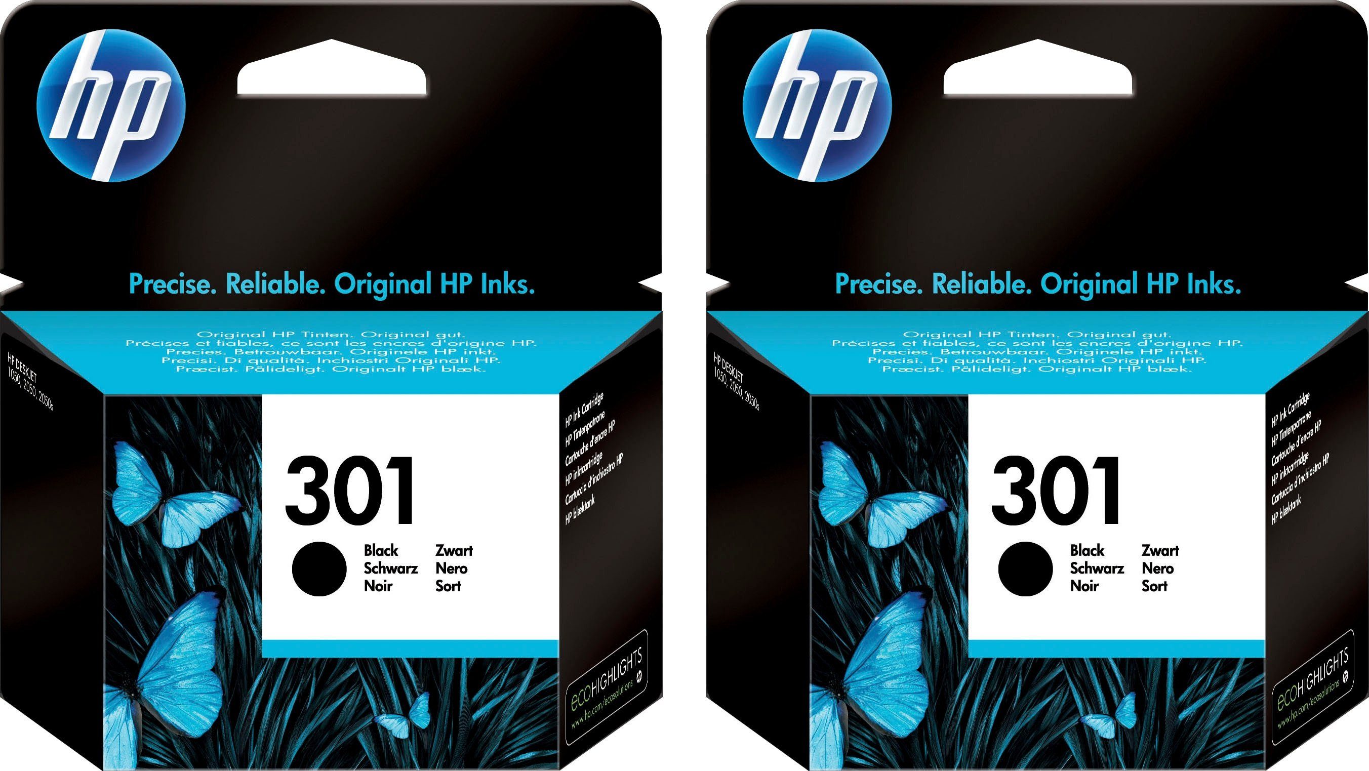 HP HP original Druckerpatrone 301 schwarz, Doppelpack Tintenpatrone (Spar-Set, original Druckerpatrone 301 Doppelpack CH561EE schwarz)
